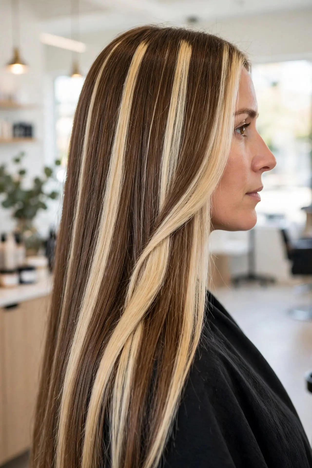Chunky balayage highlights in side view, thick bold blonde streaks painted through straight medium-brown hair