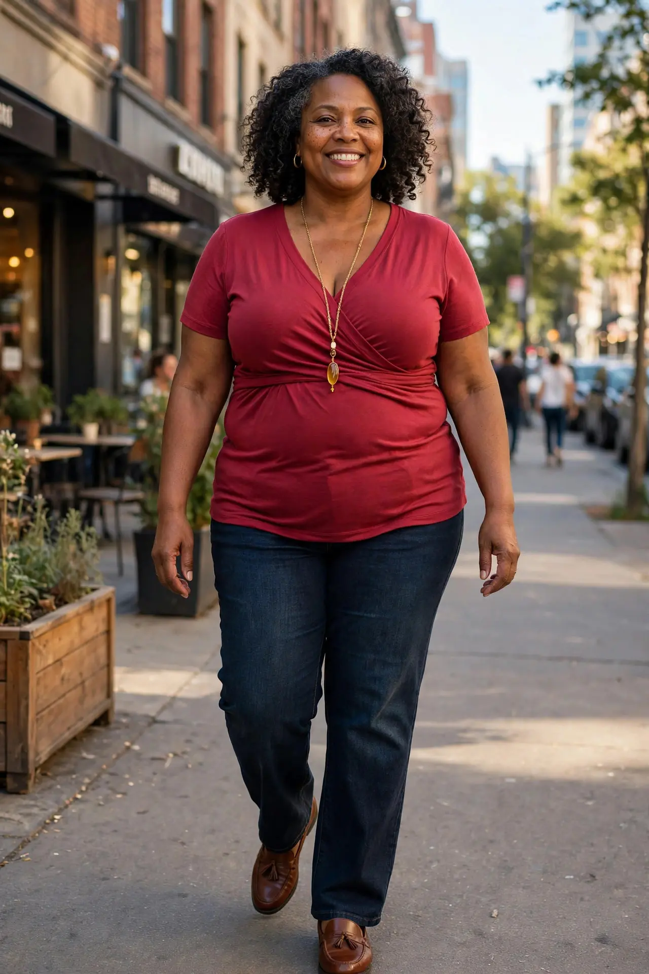 Confident woman with a rounder belly wearing a raspberry wrap top with dark straight jeans and loafers on a city street