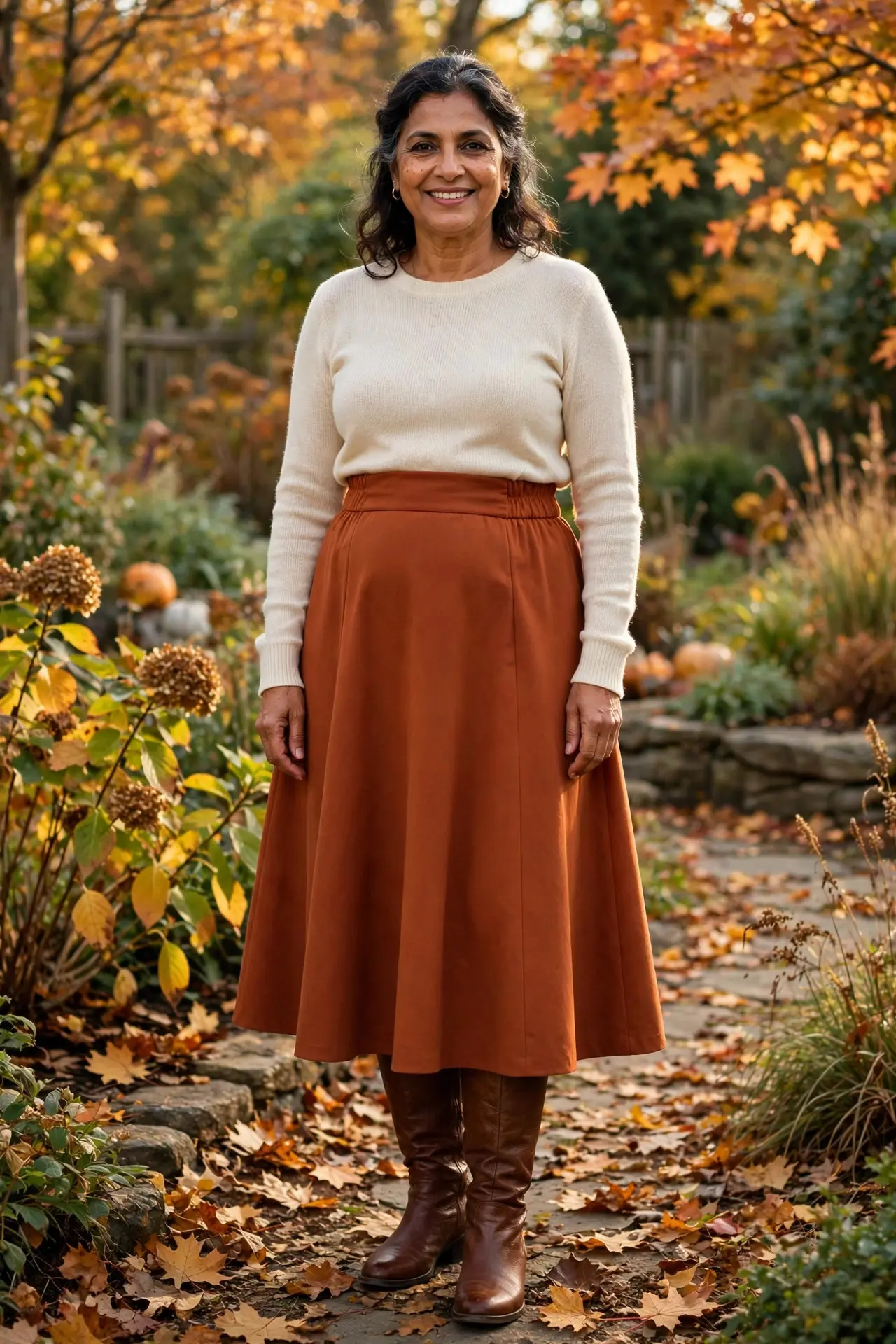 Woman with a fuller midsection wearing a rust A-line midi skirt with a tucked fine-knit top and knee boots