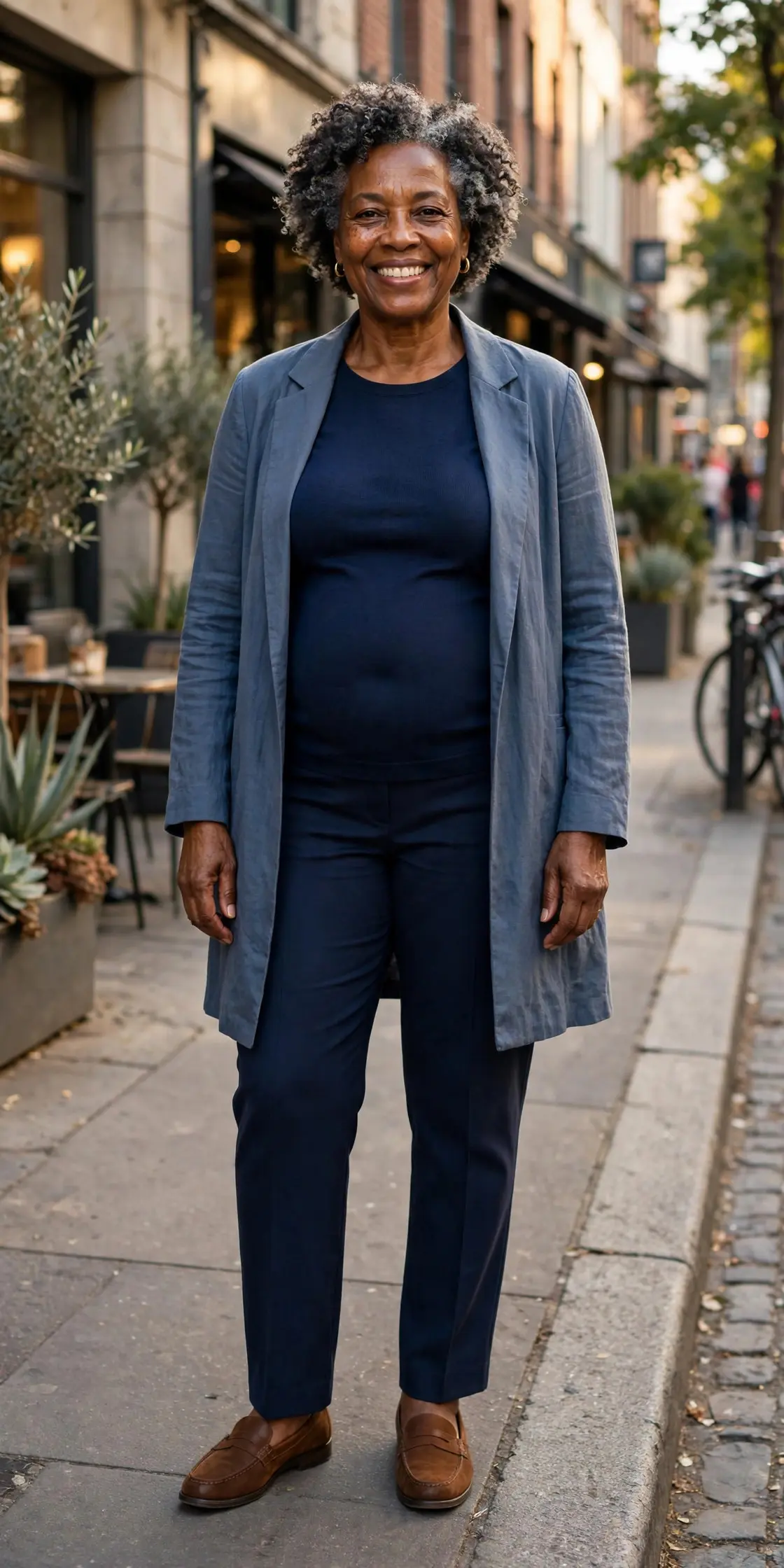 Woman in her early 60s with a fuller midsection wearing a navy column of color with a long open blazer and loafers