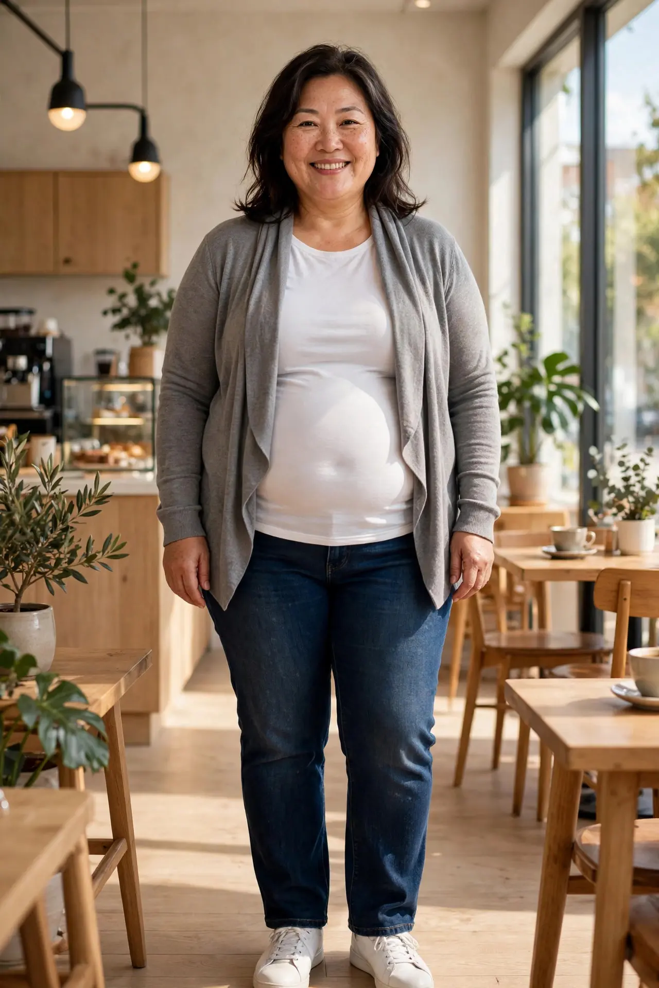 Woman with an apple-shaped figure wearing a soft waterfall cardigan over a fitted tee with dark straight jeans and white sneakers