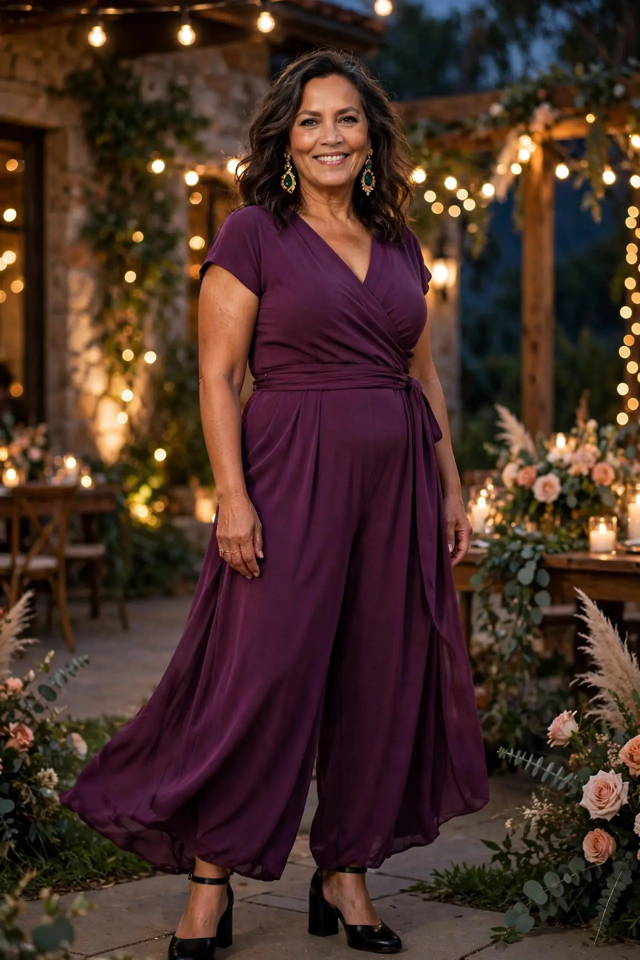 Woman with a rounder belly wearing a plum wrap-top jumpsuit with wide legs and statement earrings at an evening event