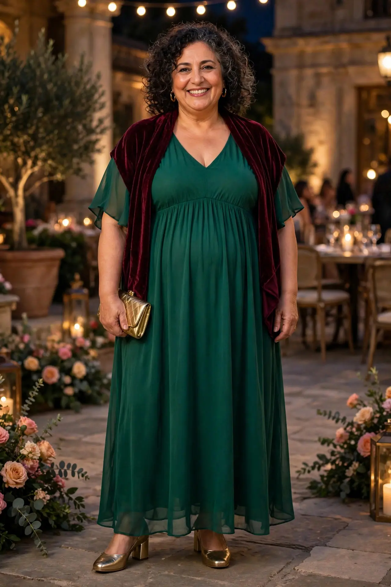 Woman with a fuller midsection wearing an emerald flowy maxi dress with a velvet wrap and metallic block heels at an evening event