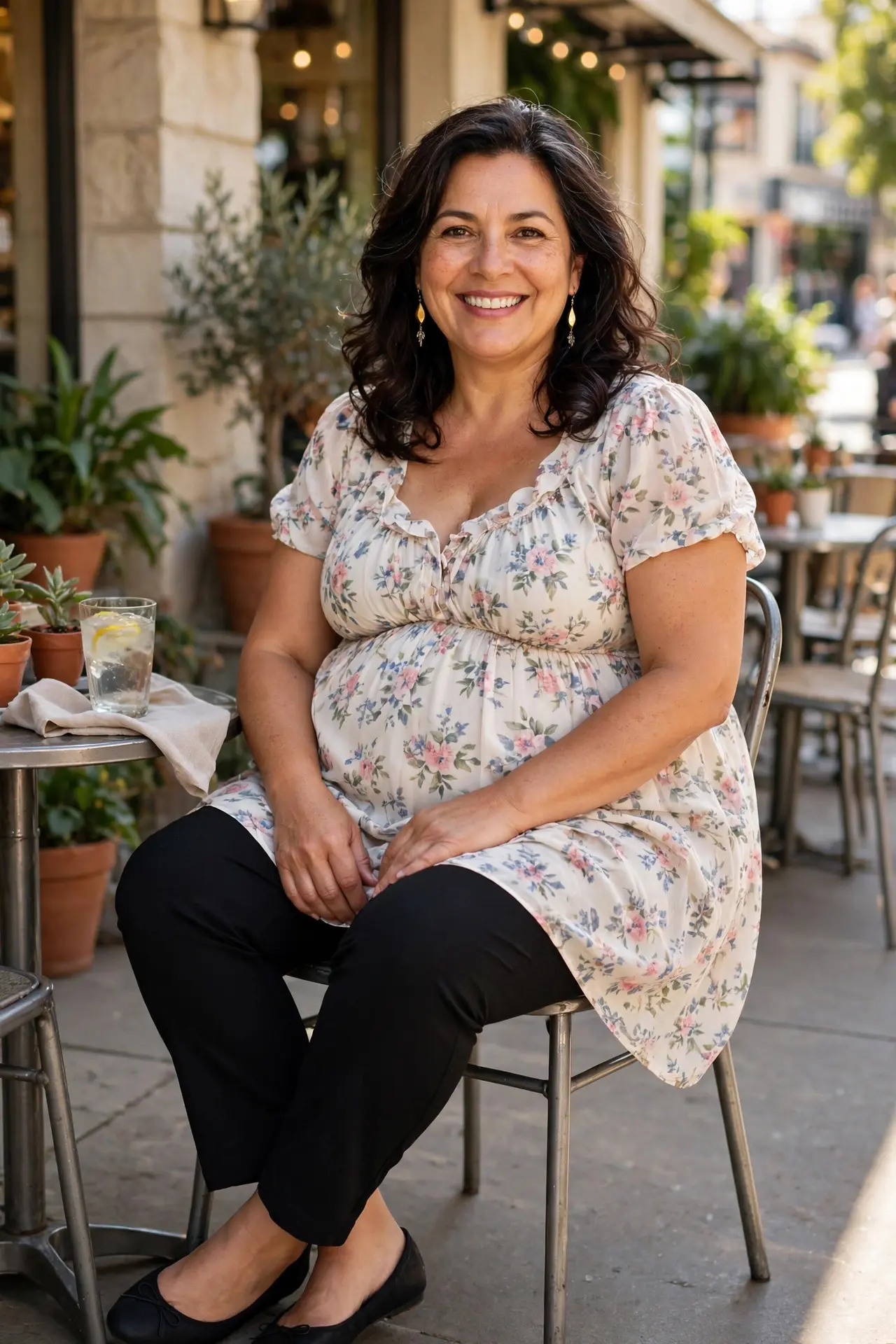 Woman with a fuller midsection wearing a floral empire-line blouse with black slim trousers and ballet flats at a cafe