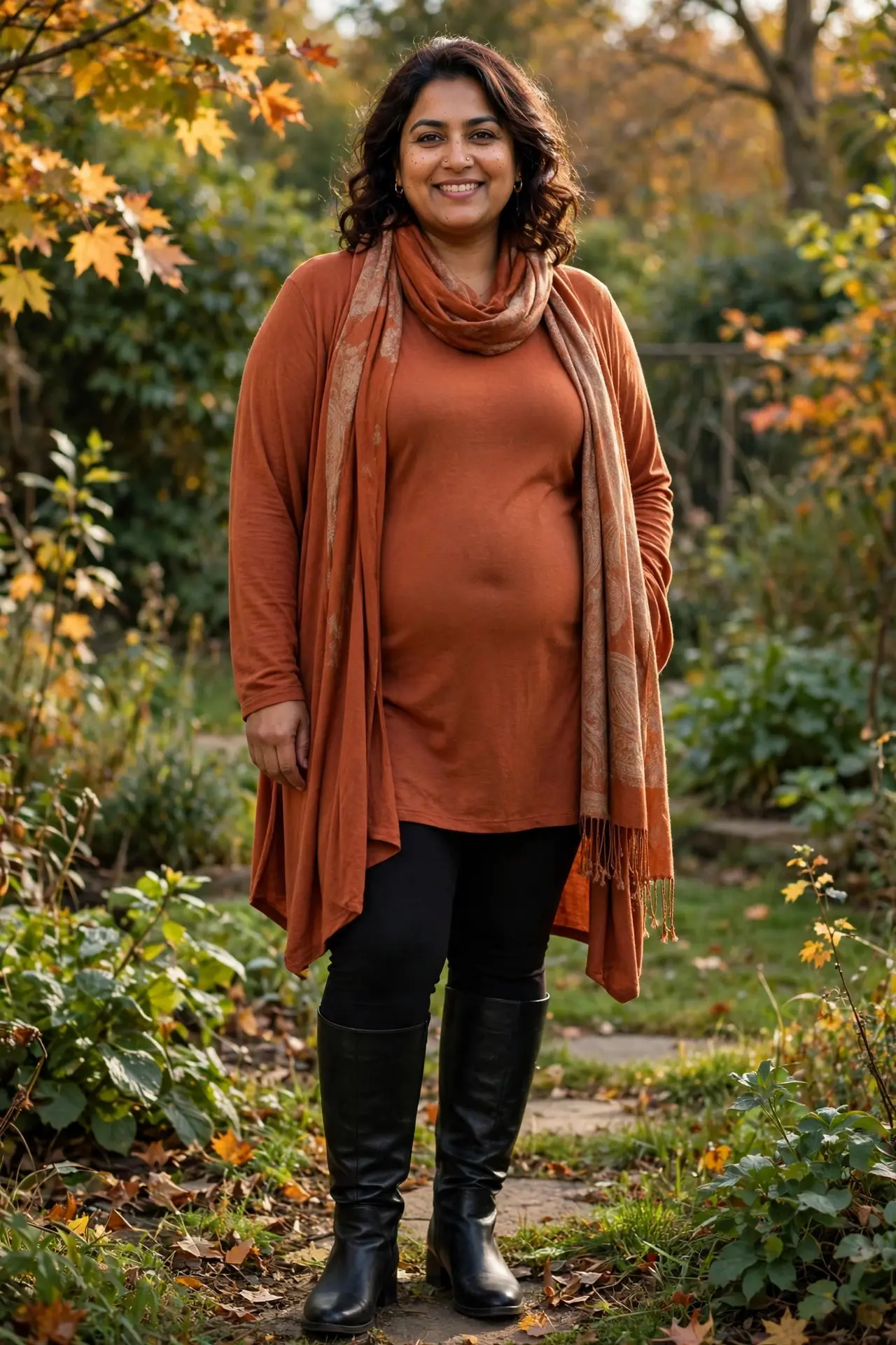Woman with an apple-shaped figure wearing a rust longline tunic with black leggings and knee-high boots in a garden