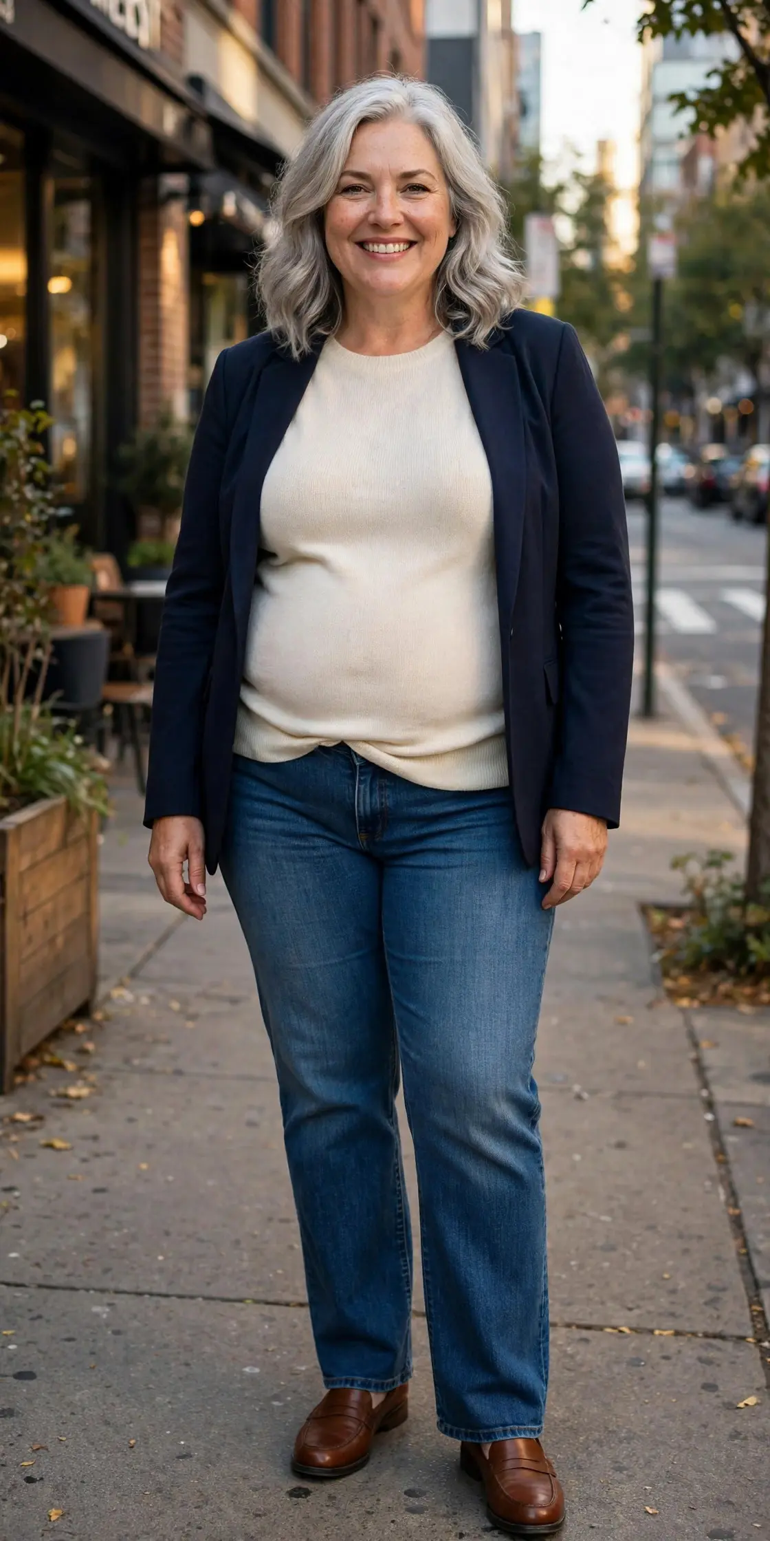 Silver-haired woman with a rounder belly wearing high-rise straight jeans with a front-tucked knit top and open blazer