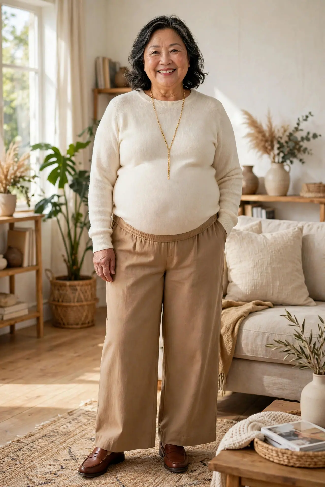 Woman in her early 60s with a fuller midsection wearing camel pull-on wide trousers with a cream fine-knit top and loafers at home