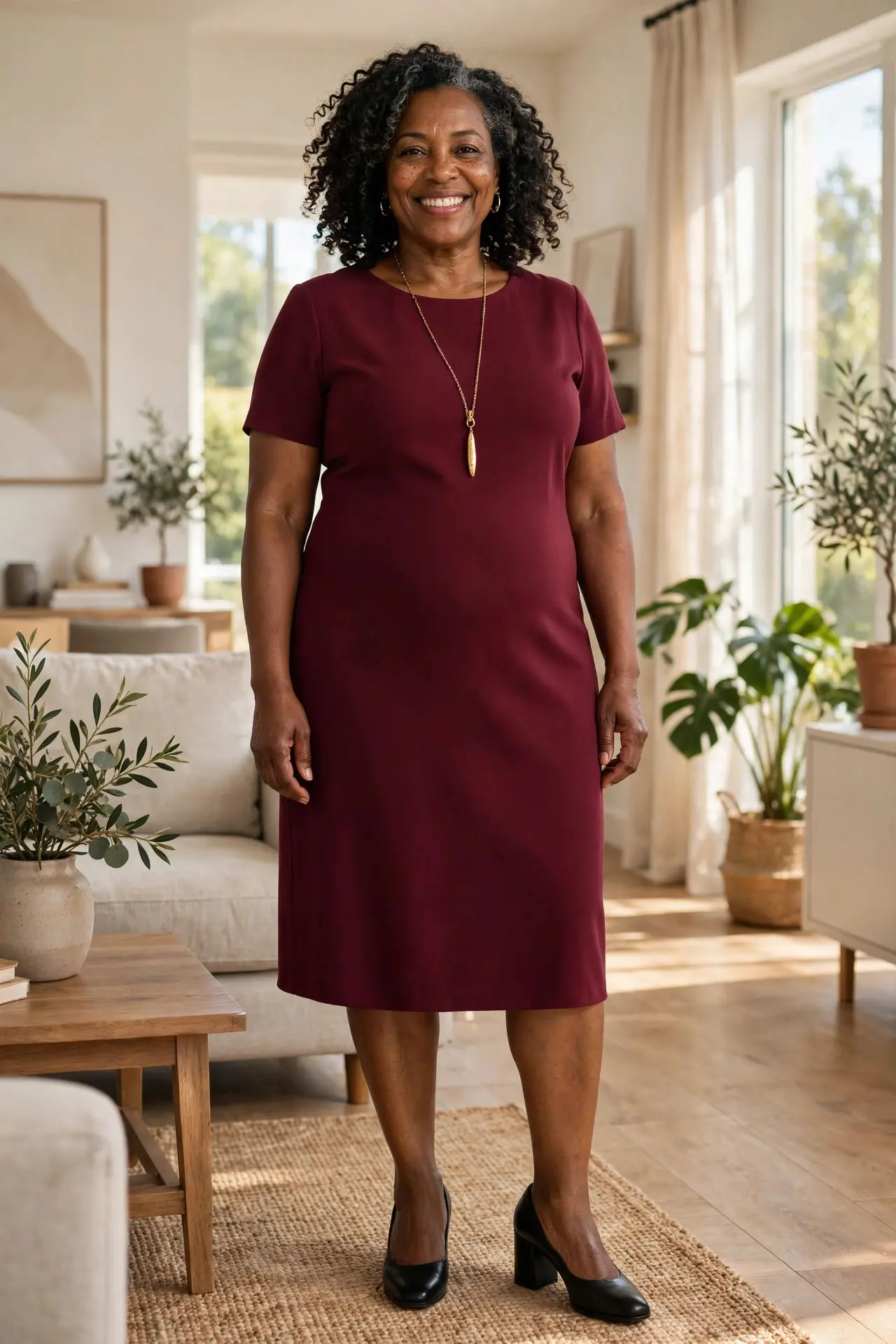 Woman with an apple-shaped figure wearing a burgundy shift dress with a long pendant necklace and block heels
