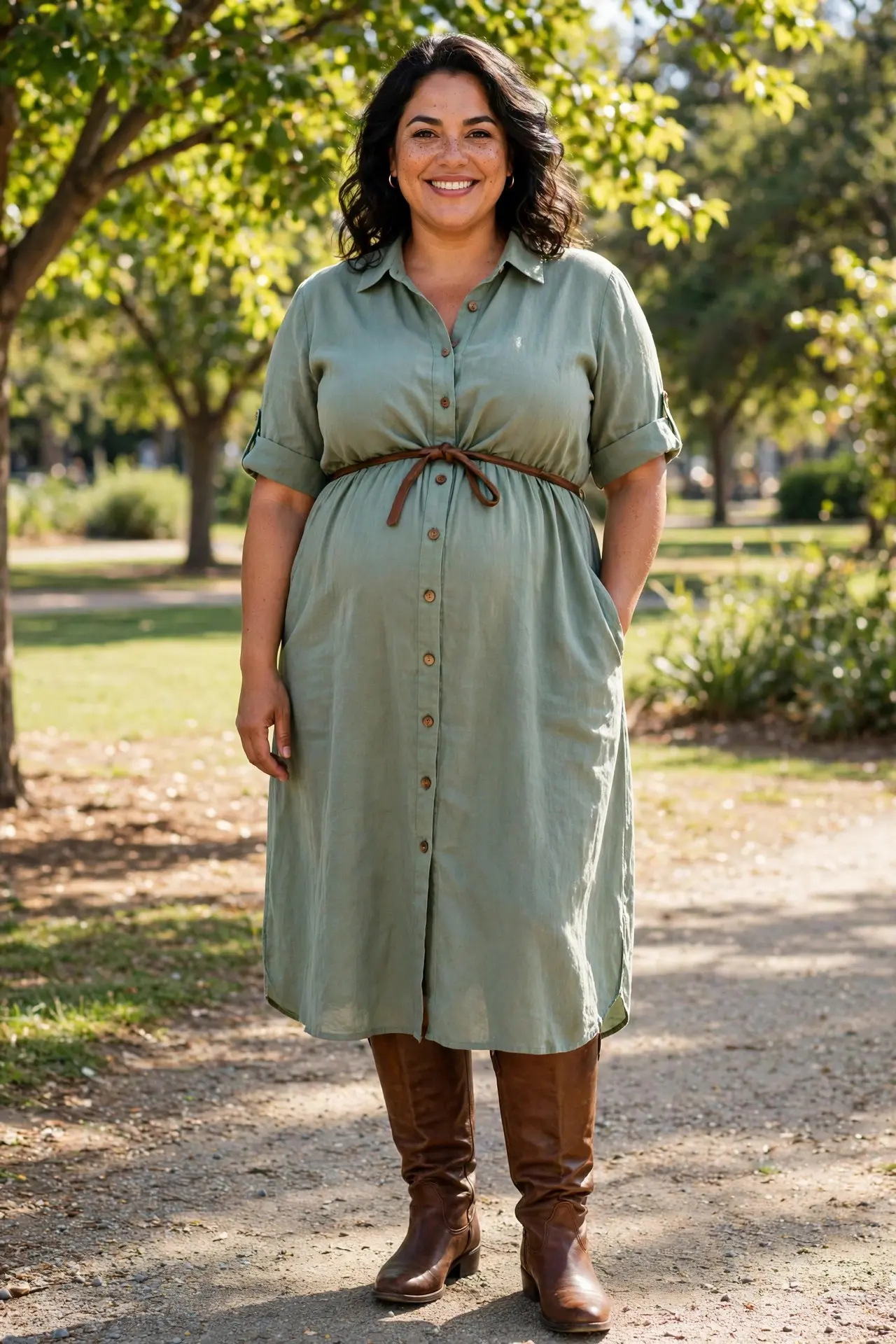 Woman with a rounder belly wearing a sage shirt dress with a thin belt under the bust and knee boots in a park
