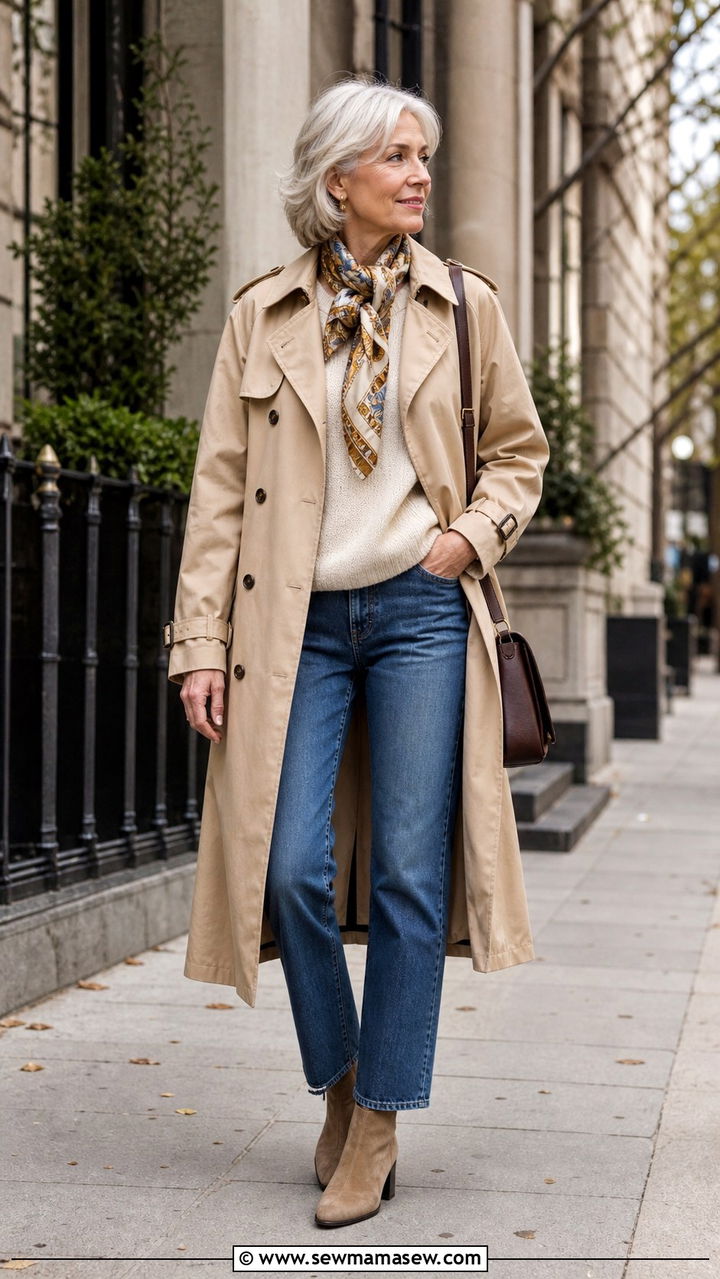 Woman over 60 wearing belted coat with jeans and knee boots