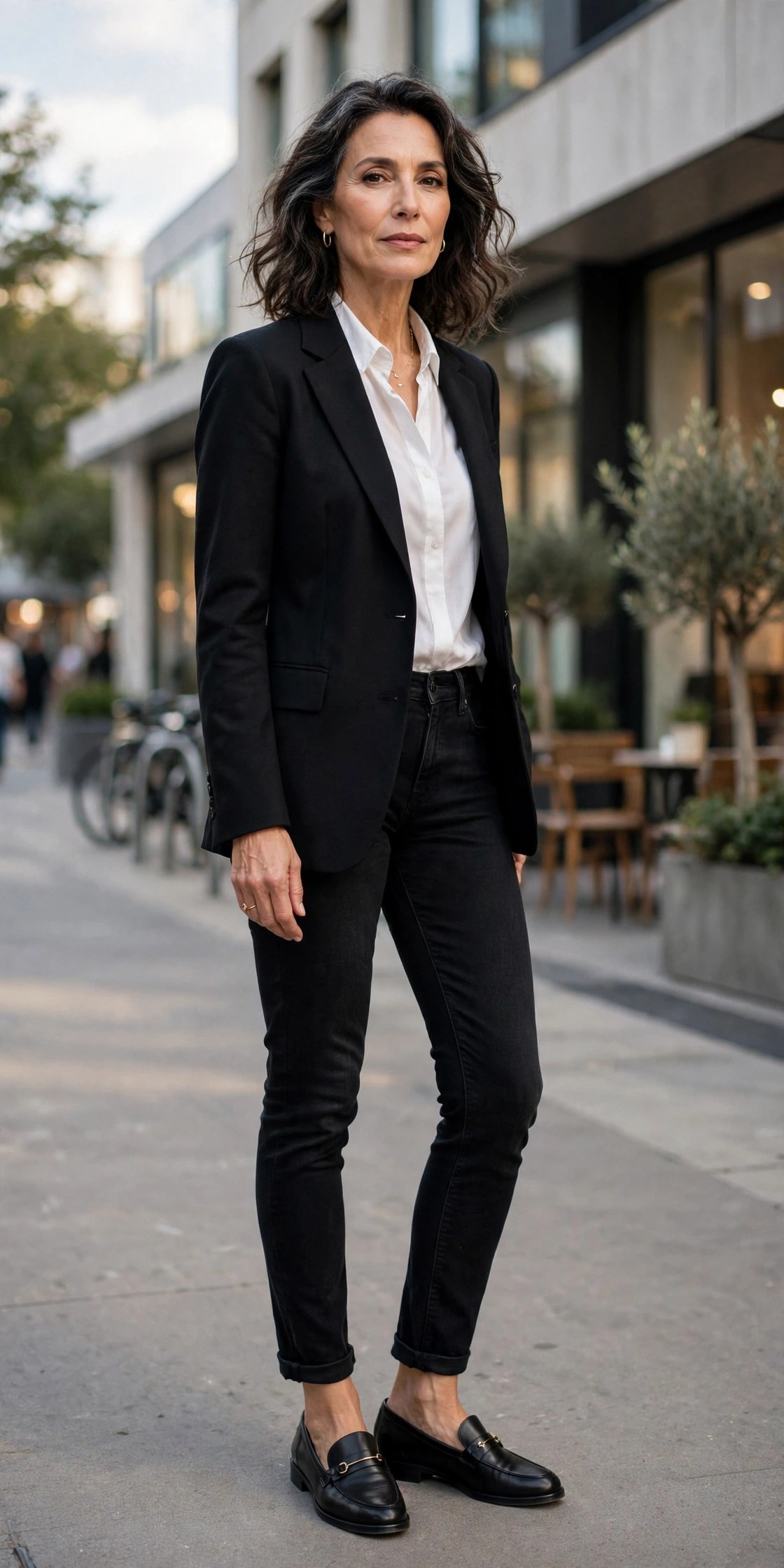 Woman in her 50s wearing black slim-straight jeans with a tailored blazer and loafers