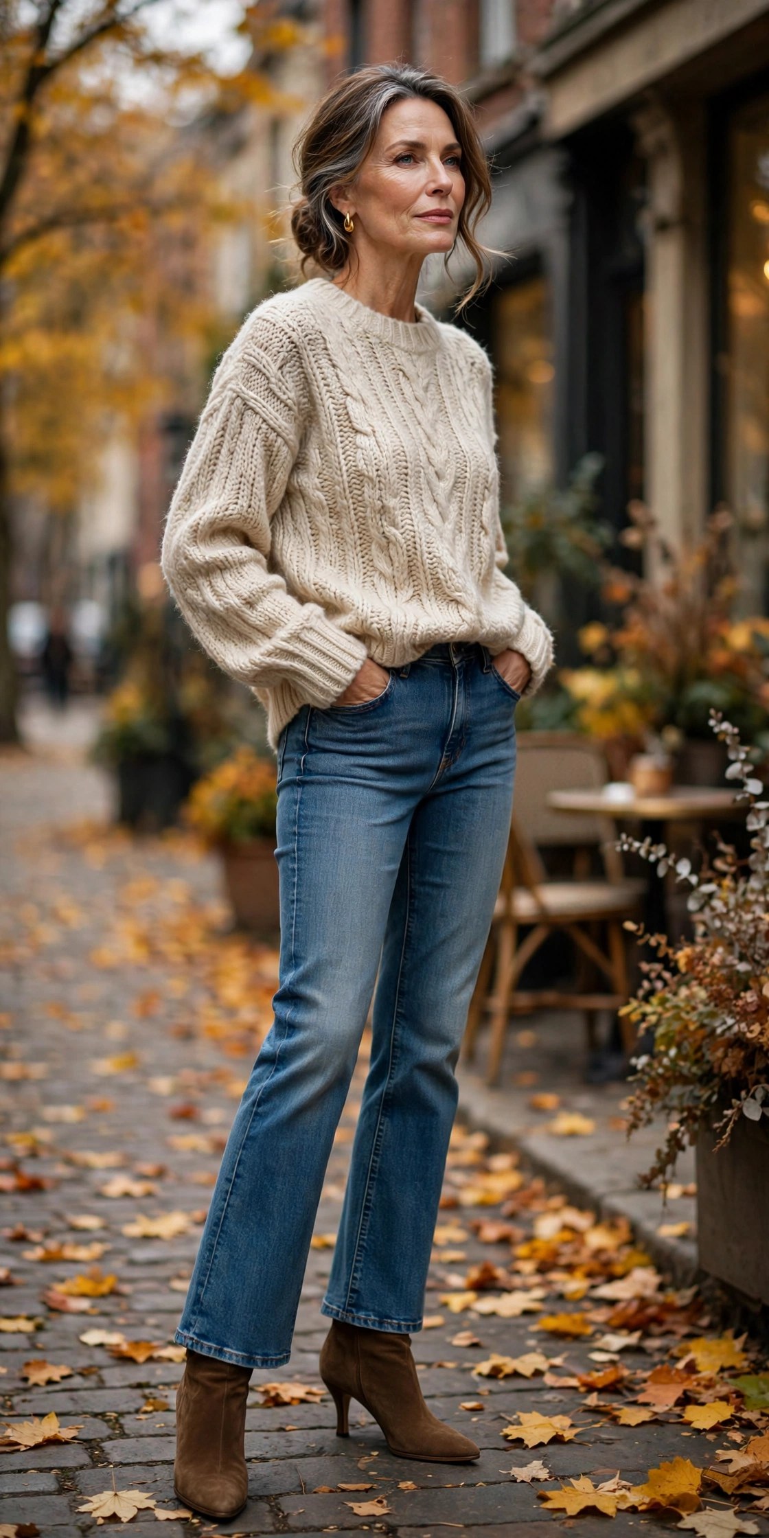 Woman in her 50s wearing medium-wash bootcut jeans with heeled ankle boots and a knit sweater