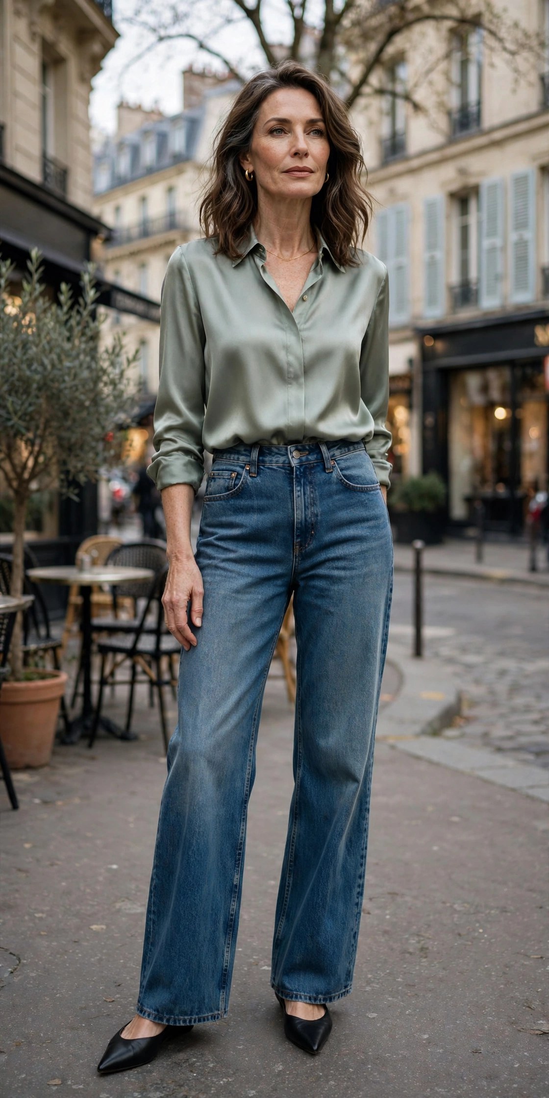 Woman in her 50s wearing high-rise wide-leg jeans with a tucked-in silk blouse and pointed flats