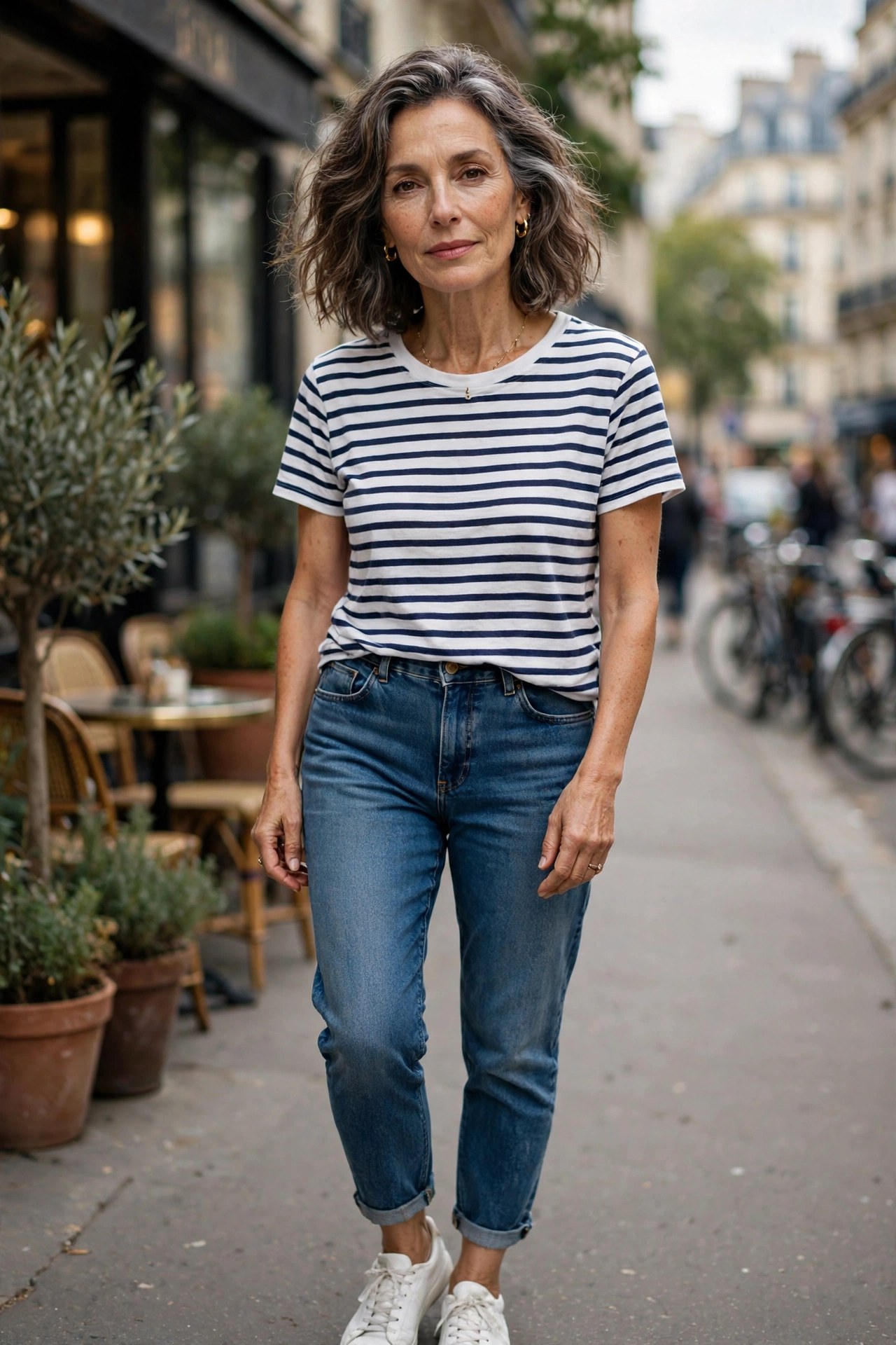 Woman in her 50s wearing high-rise tapered mom jeans with a striped tee and white sneakers