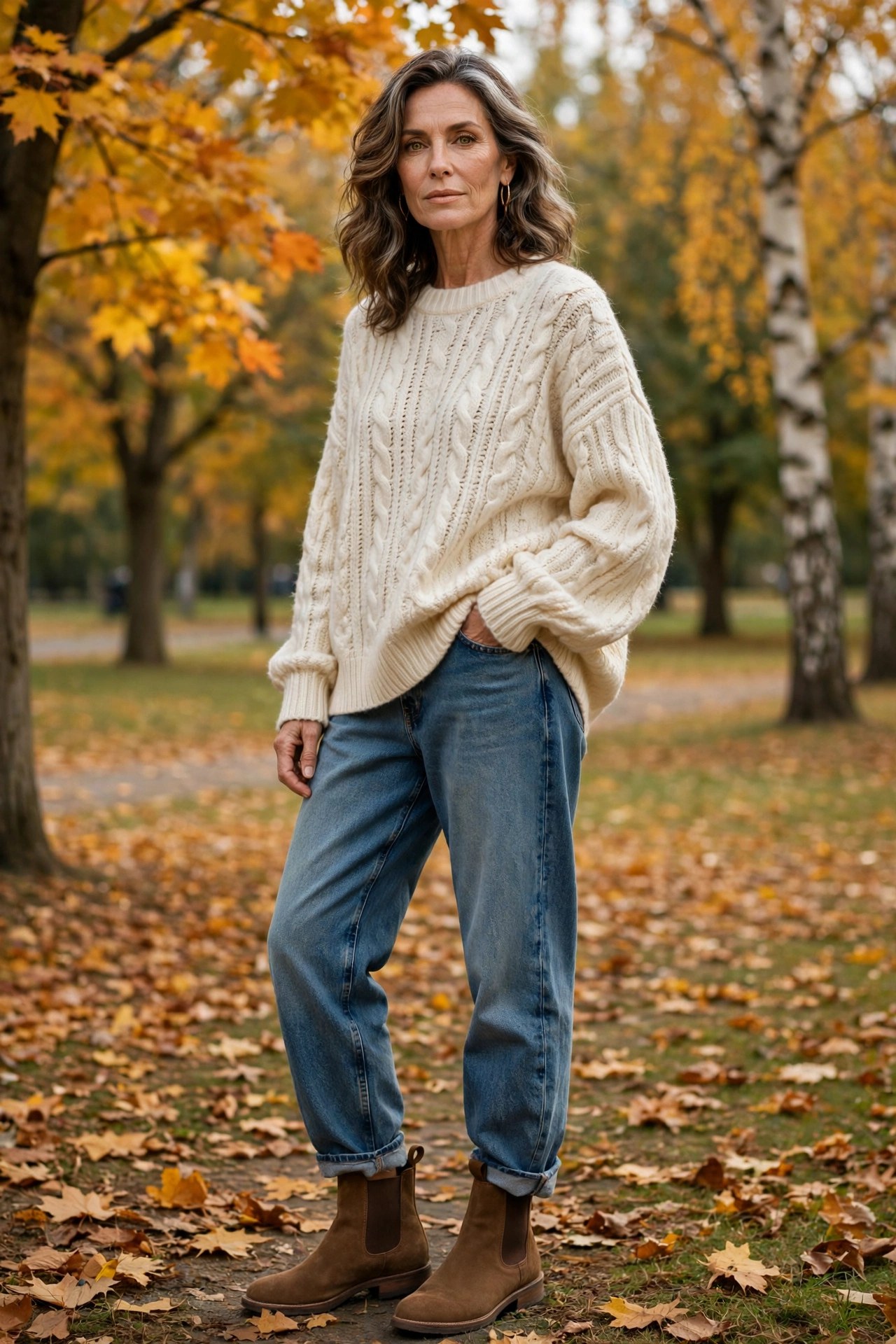 Woman in her 50s wearing relaxed boyfriend jeans with an oversized cream sweater in an autumn park