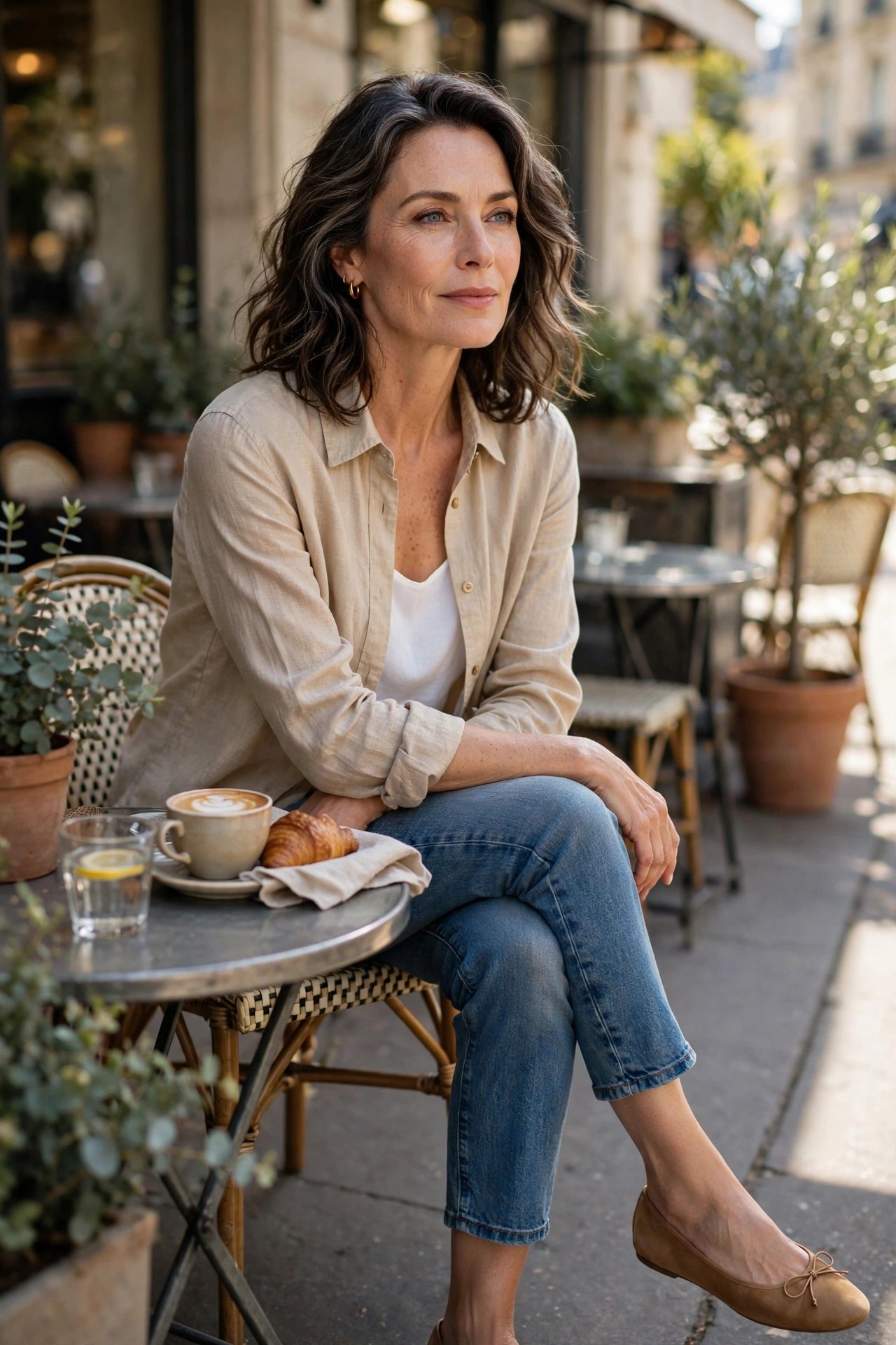 Woman in her 50s wearing cropped ankle jeans with ballet flats and a linen shirt at a sidewalk cafe
