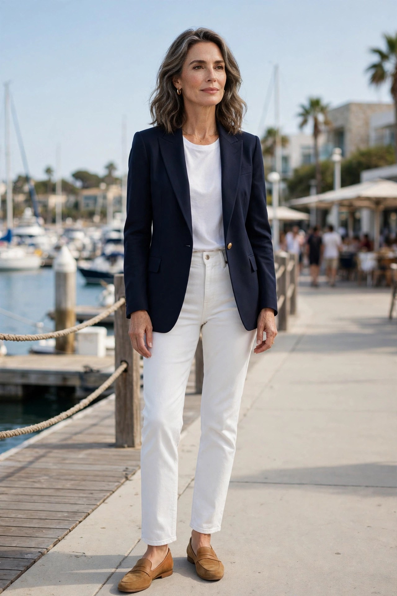 Woman in her 50s wearing white straight-leg jeans with a navy blazer and tan flats on a marina promenade