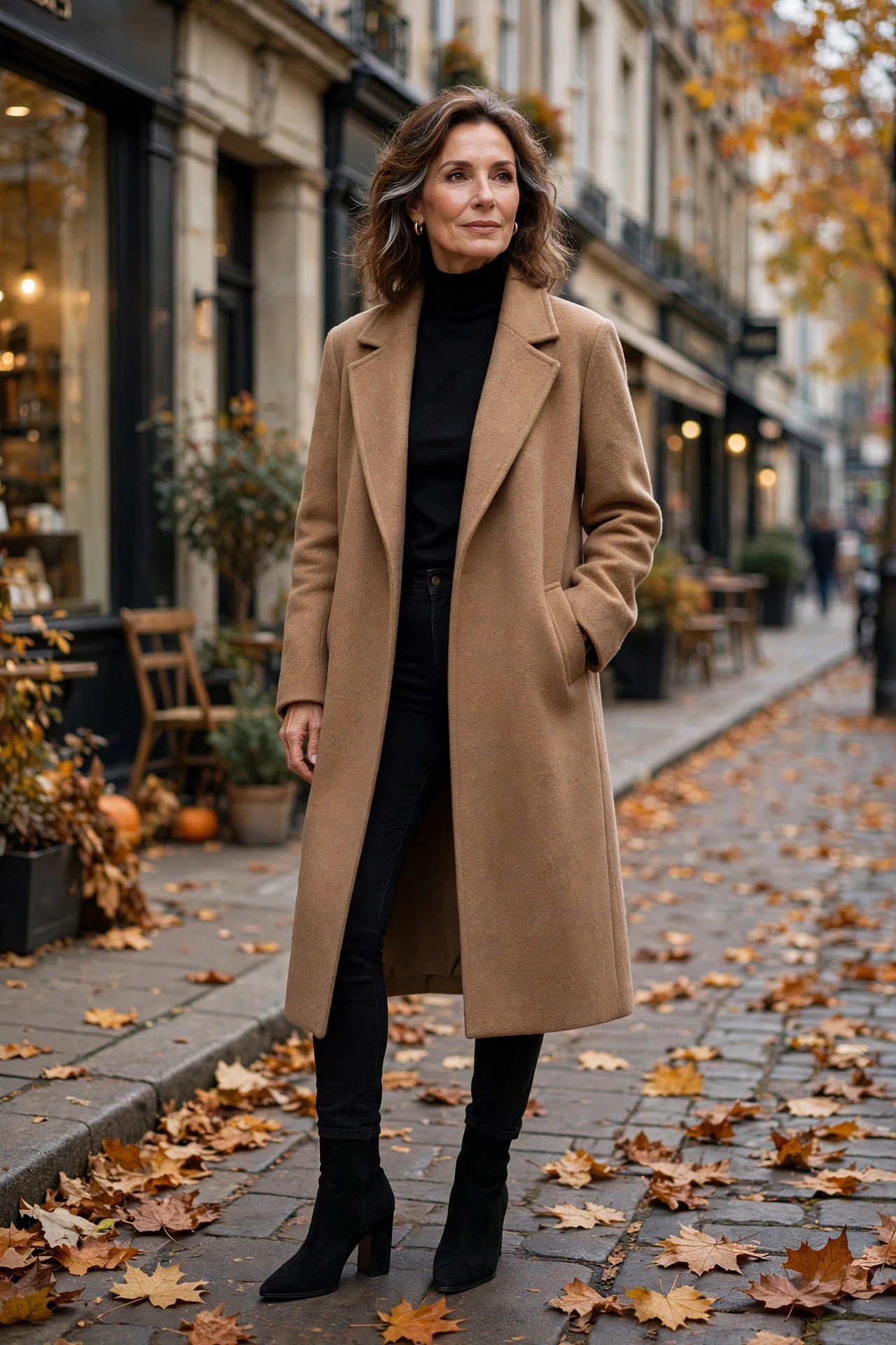 Woman in her 50s wearing black jeans with a camel coat and ankle boots on an autumn street