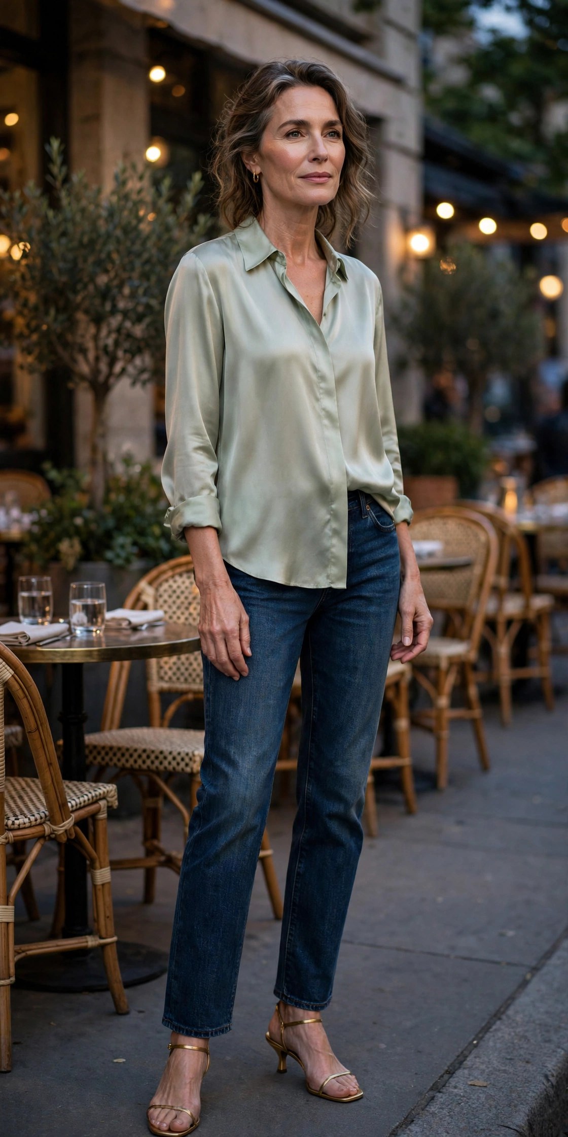 Woman in her 50s wearing dark-rinse straight jeans with a silk blouse and heeled sandals