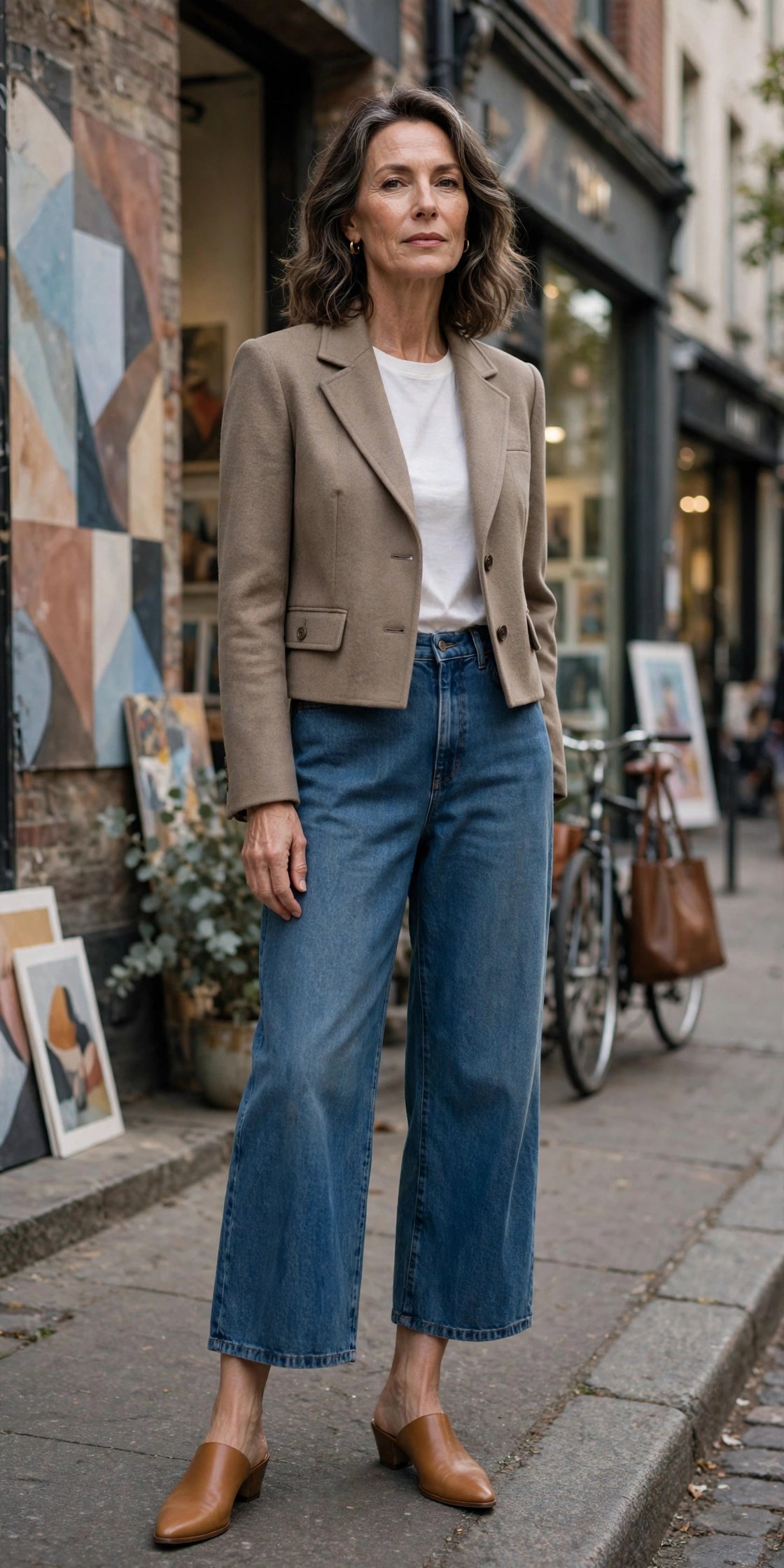 Woman in her 50s wearing wide-leg cropped jeans with a structured cropped jacket and mules