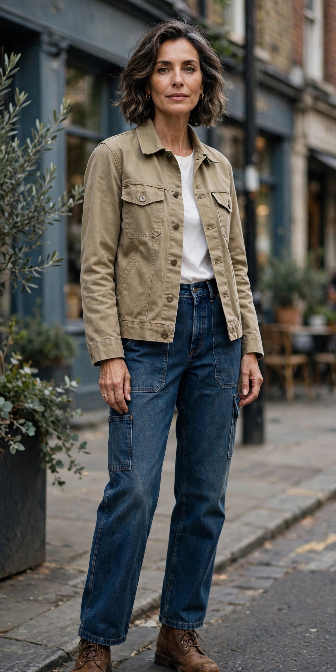 Woman in her 50s wearing utility carpenter jeans with a canvas workwear jacket and boots