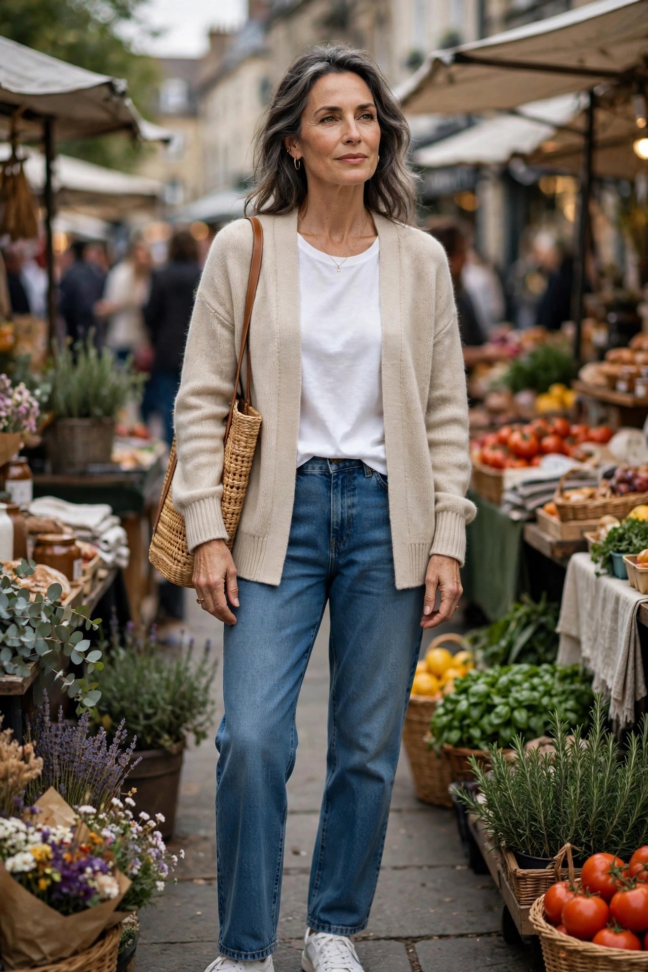 Woman in her 50s wearing relaxed straight jeans with a soft cardigan and white sneakers at a weekend market