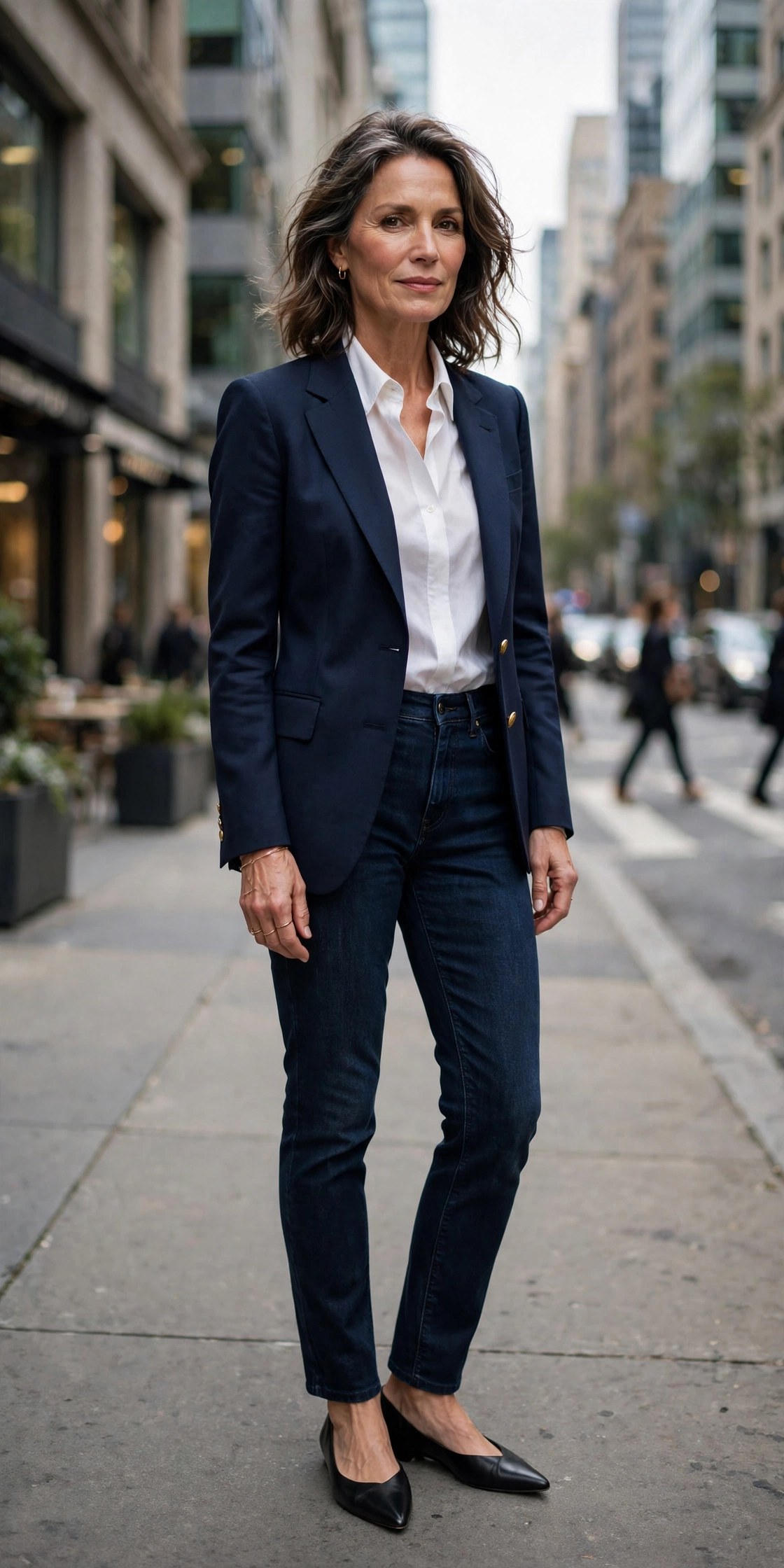 Woman in her 50s wearing trouser-style dark jeans with a tailored blazer and pointed flats