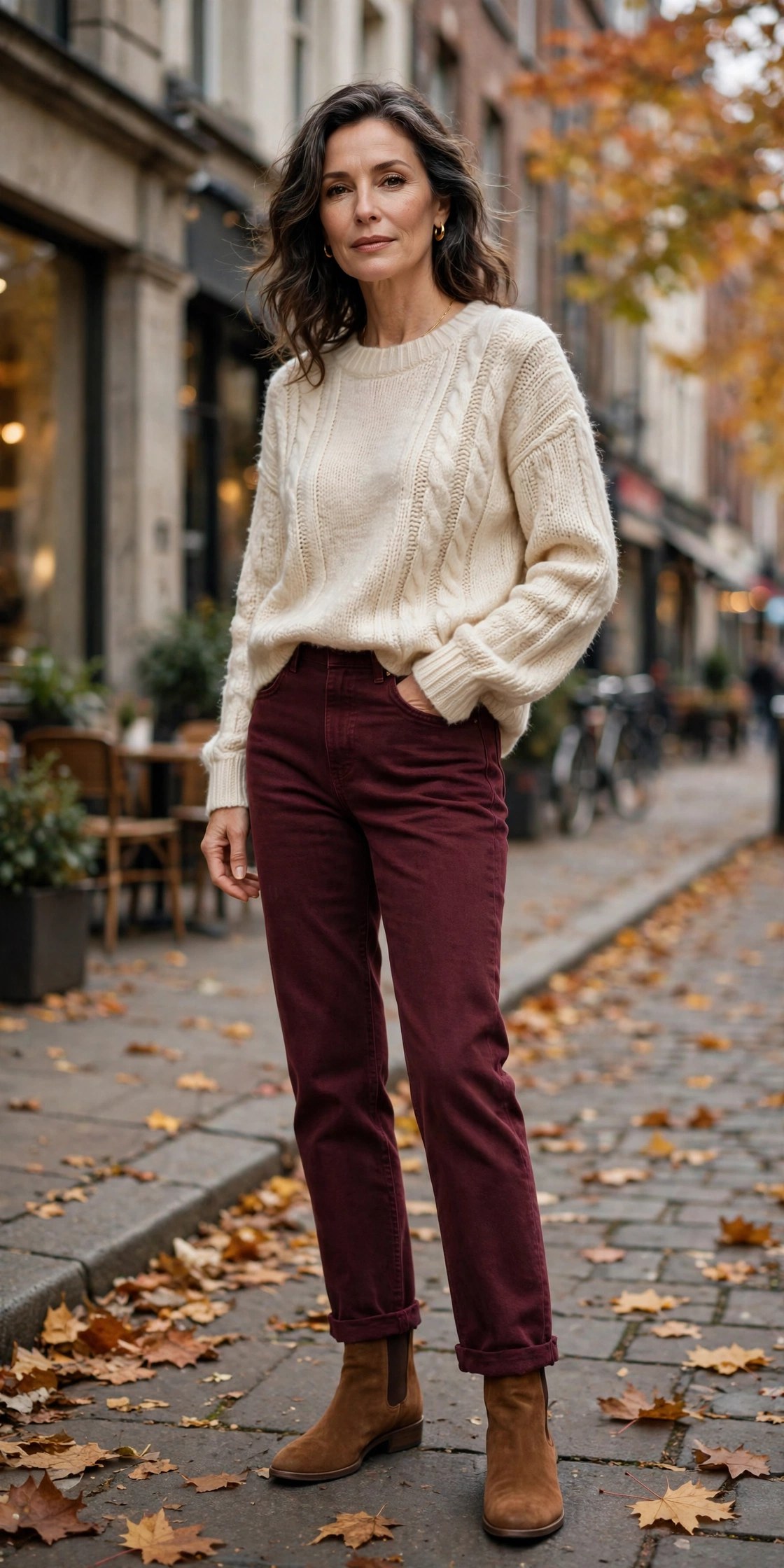 Woman in her 50s wearing burgundy colored straight jeans with a cream knit top and ankle boots
