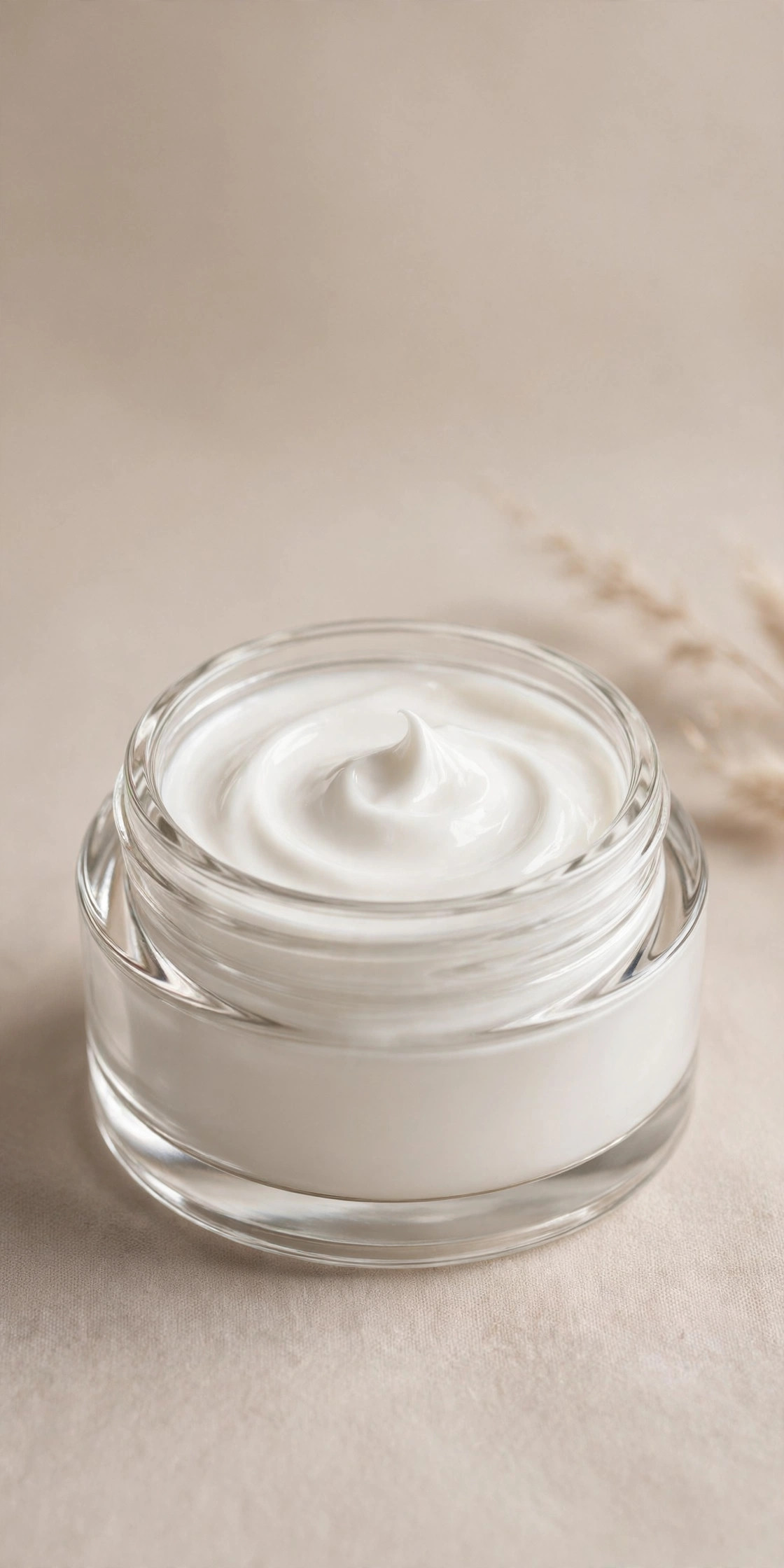 Open glass jar of rich white ceramide face cream with smooth swirl