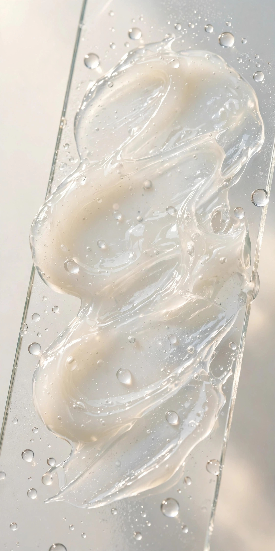 Translucent hyaluronic acid gel-cream texture swatch with water droplets