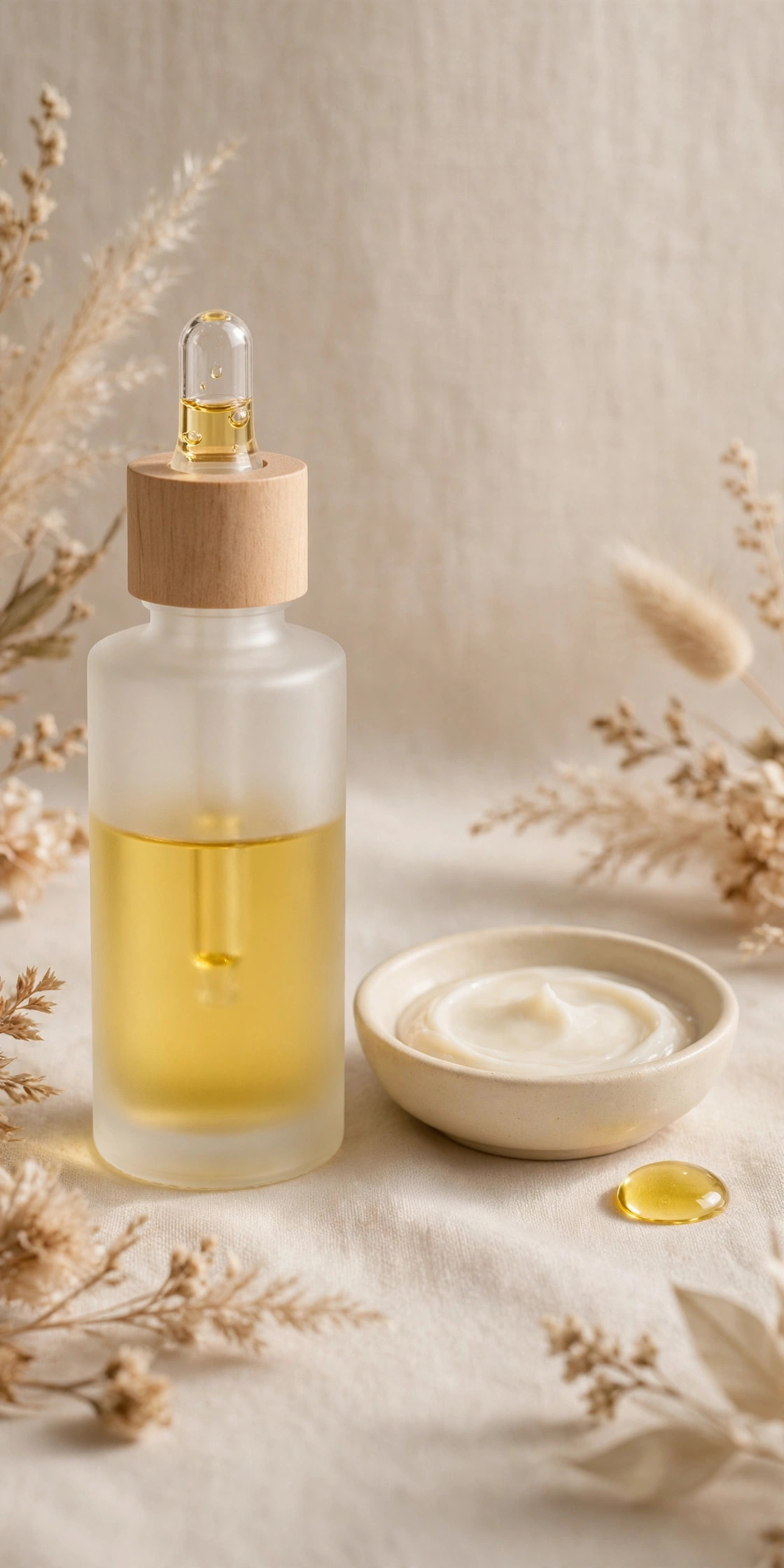 Frosted glass bottle of squalane facial oil beside a small dish of cream