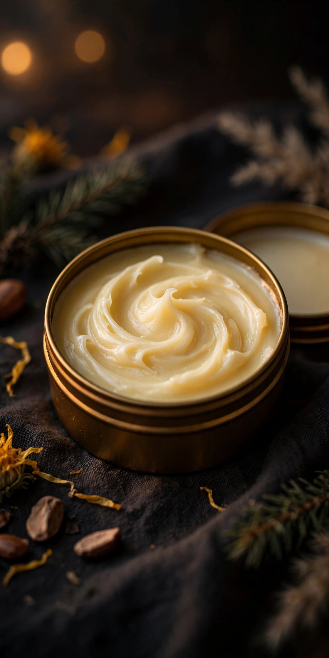 Open amber tin of rich shea butter night balm with creamy swirl