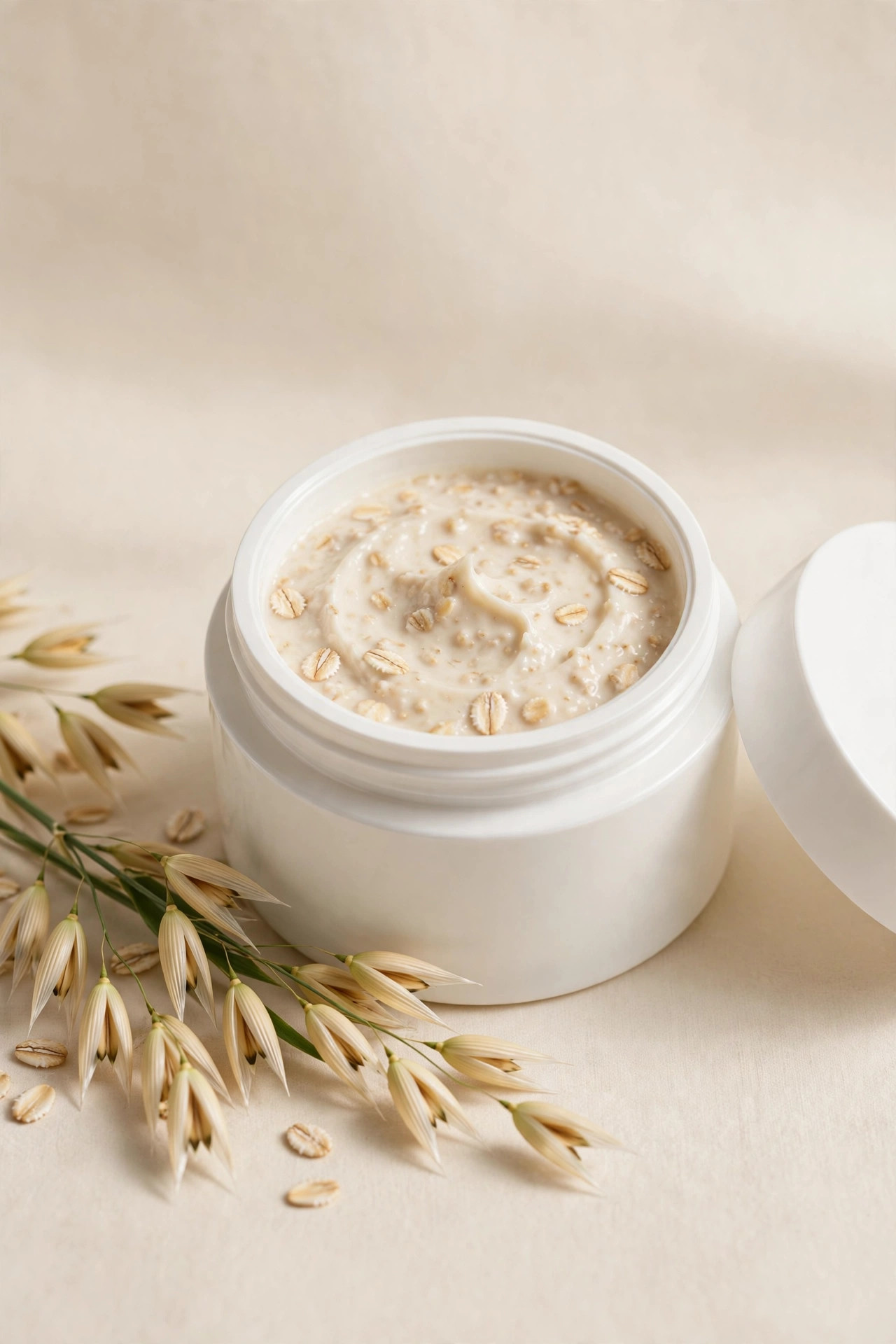 Open jar of calming oatmeal face cream with oat sprigs beside it