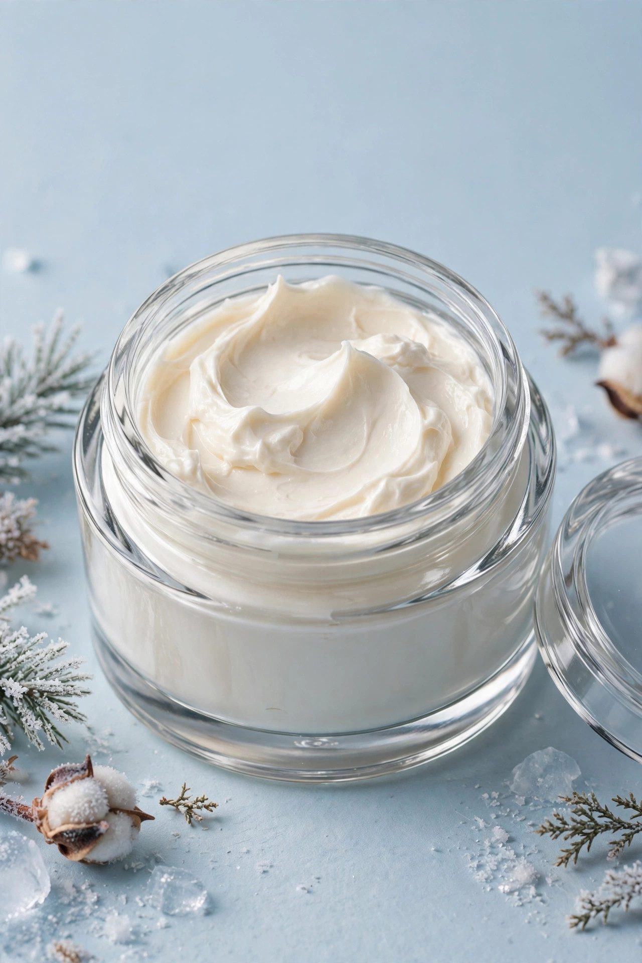 Heavy glass jar of rich winter repair face cream with thick texture