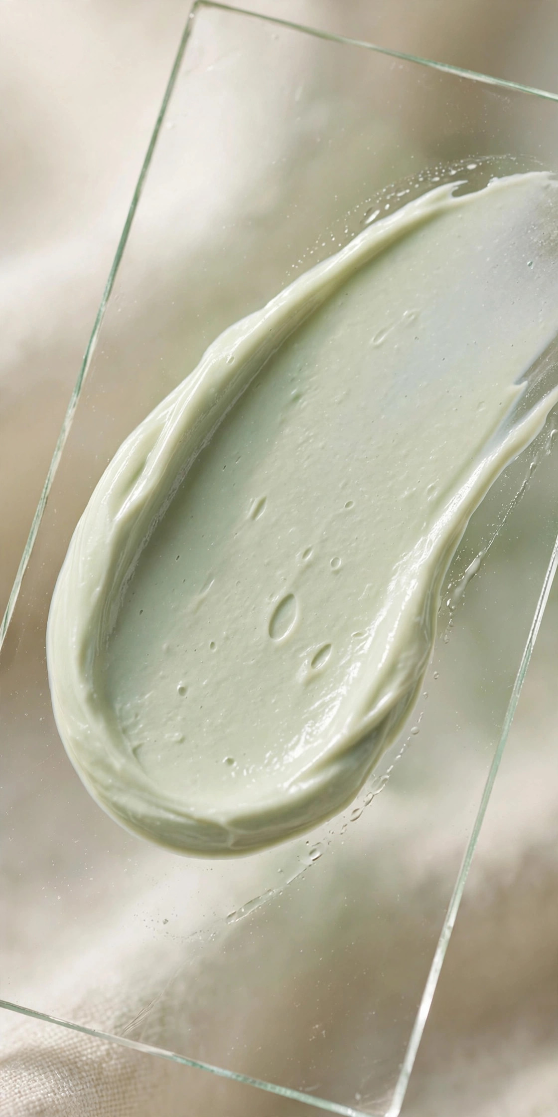 Pale green-tinted calming cream swatch on glass