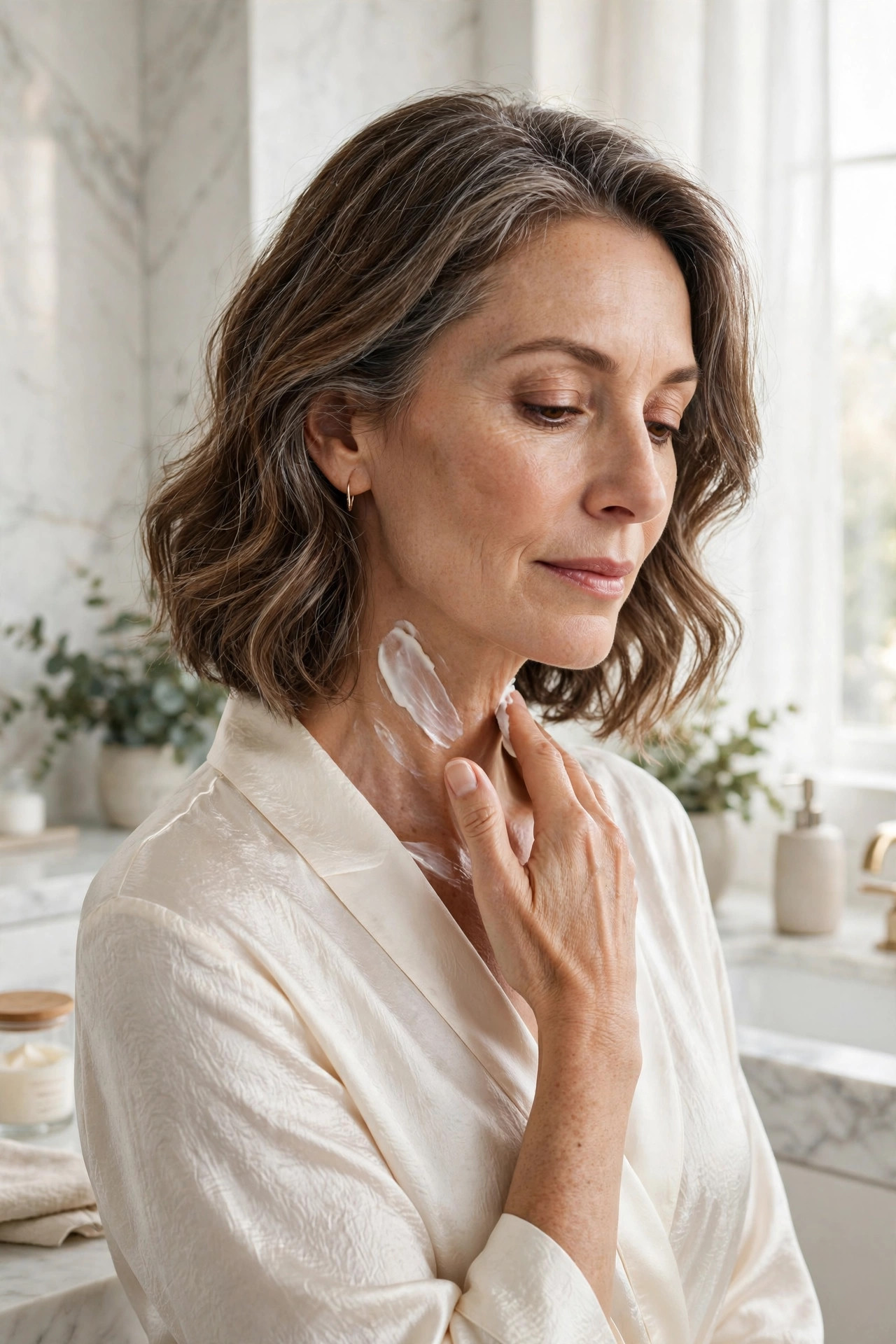 Woman in her 50s applying rich cream to her neck and decolletage