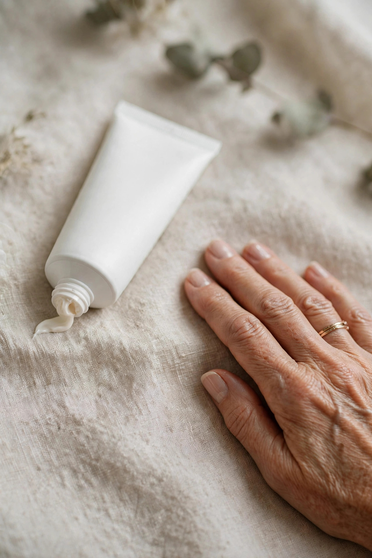 Tube of rich hand rescue cream beside a mature woman's hands