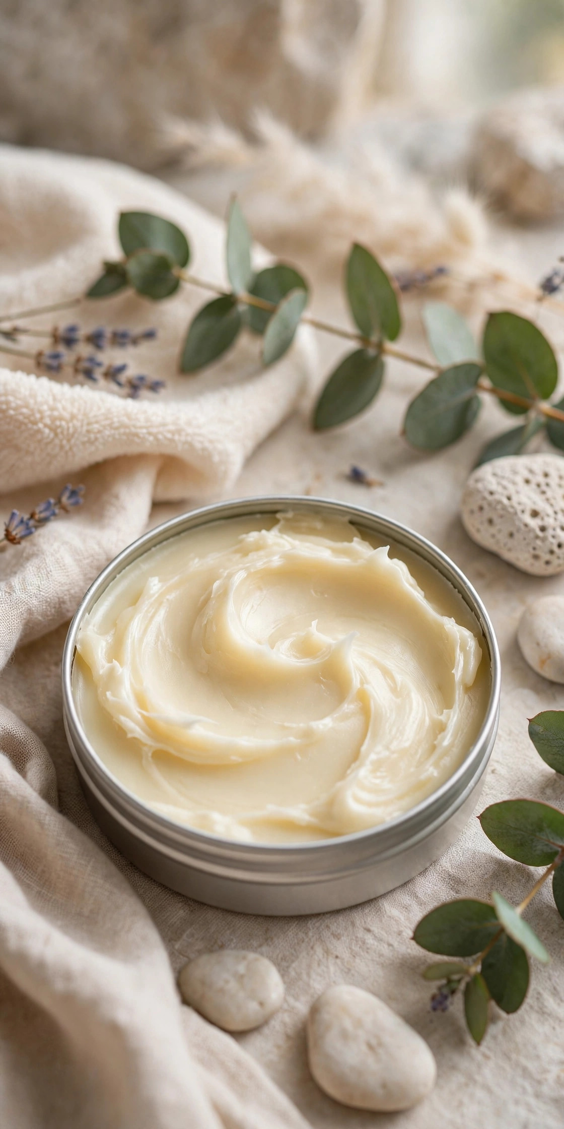 Open tin of rich foot and heel balm with thick creamy texture