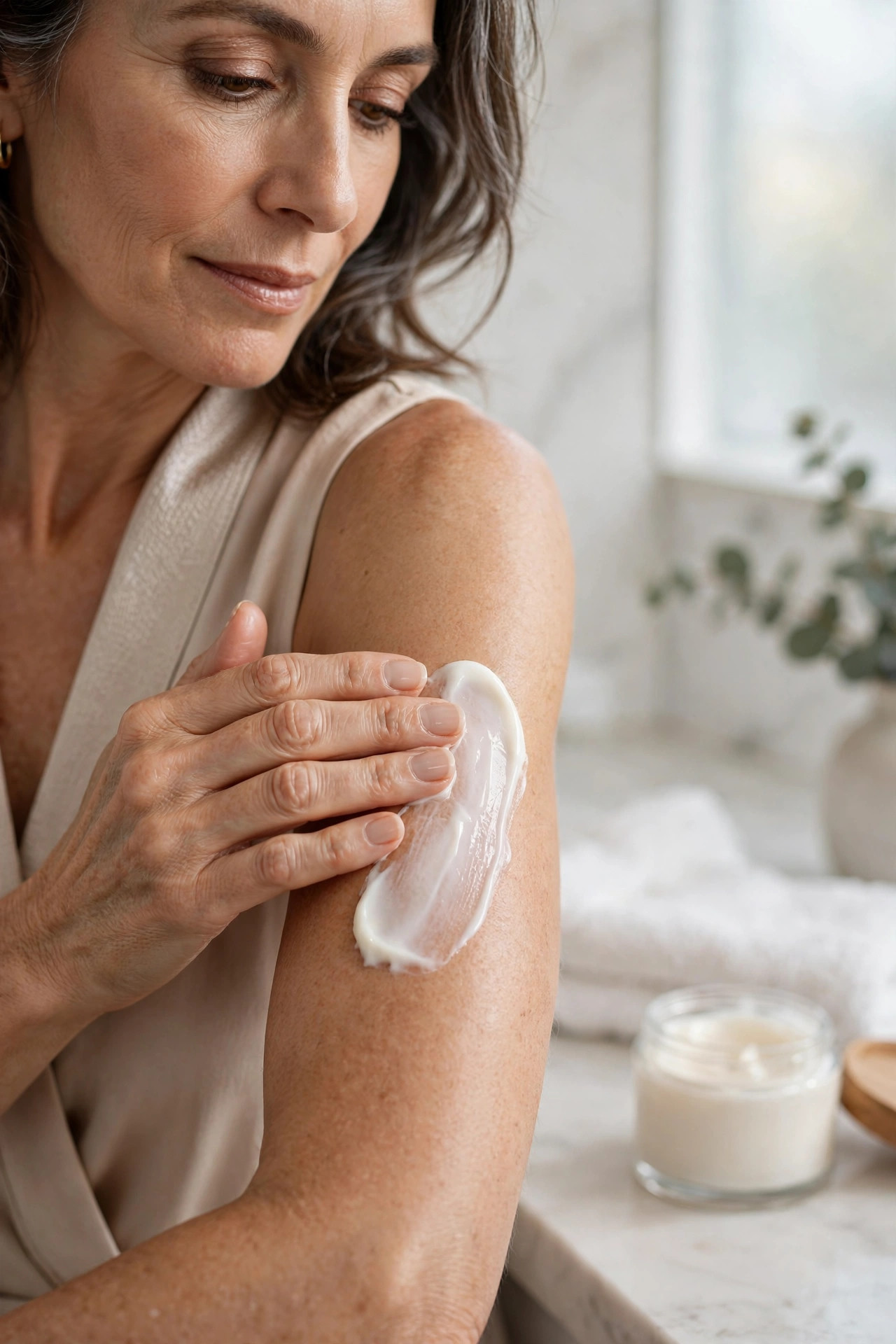 Woman in her 50s smoothing rich body lotion onto her upper arm