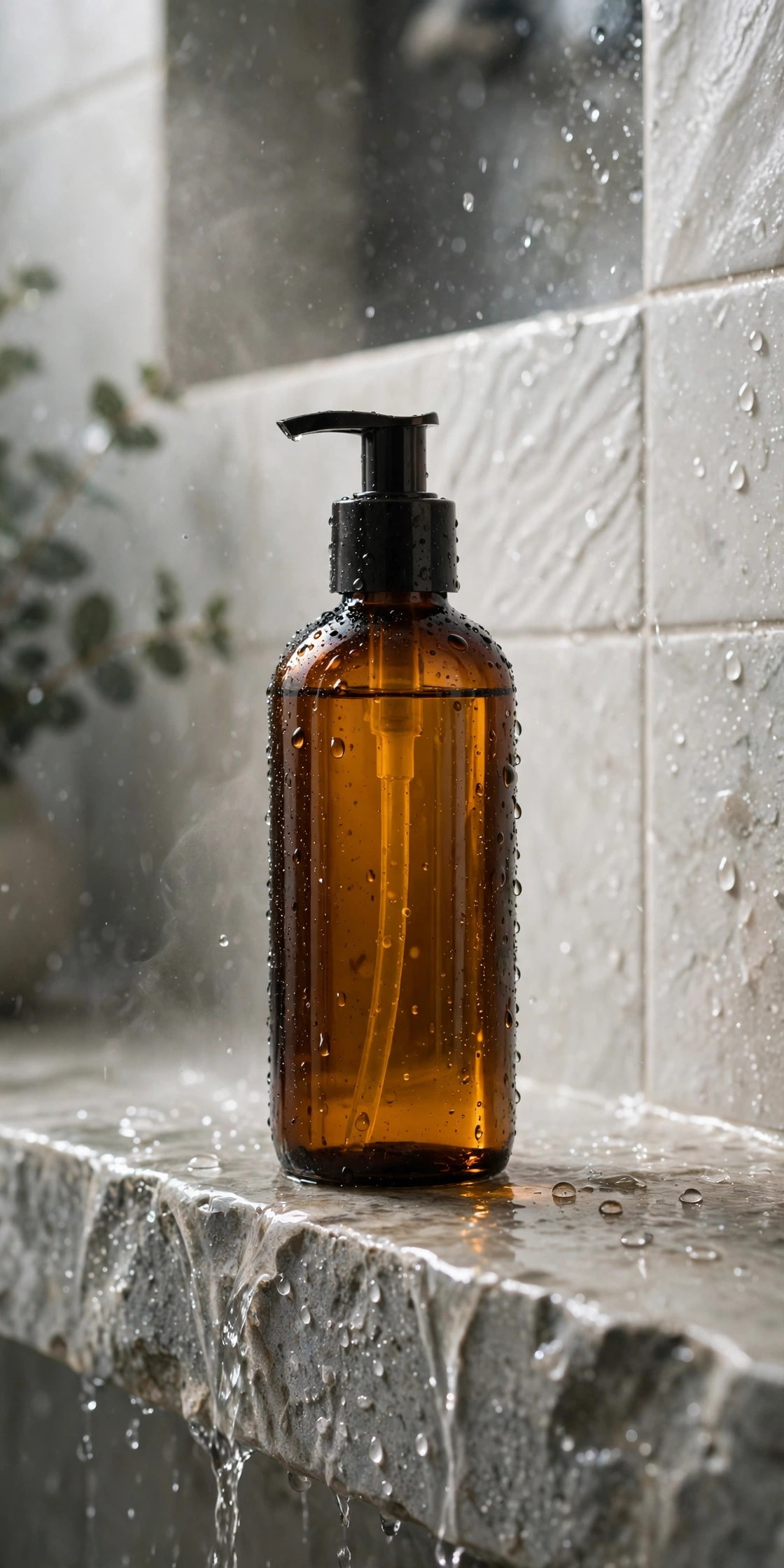 Amber glass bottle of body oil with water droplets in a shower setting