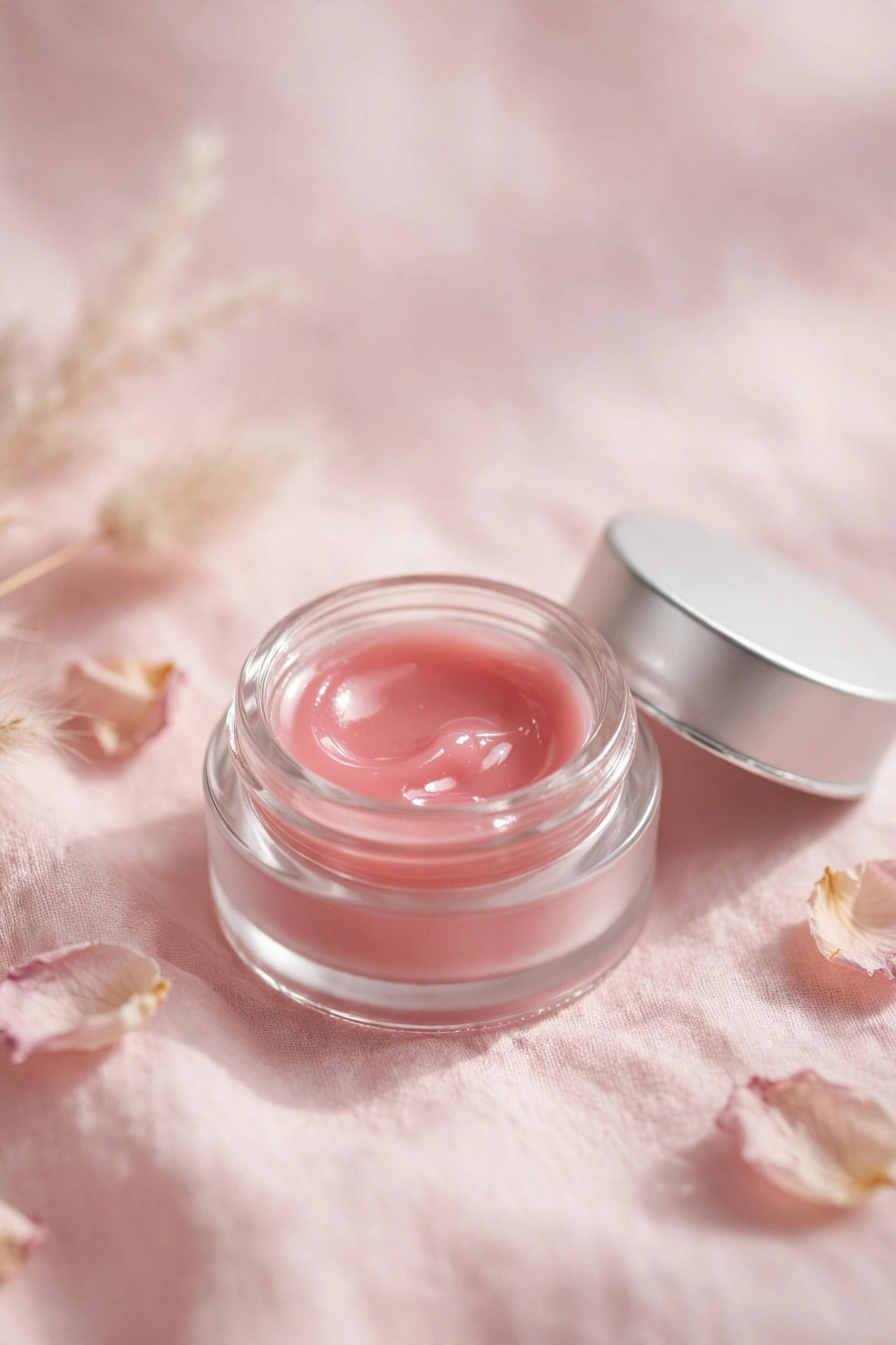 Small open pot of lip sleeping balm with smooth glossy texture