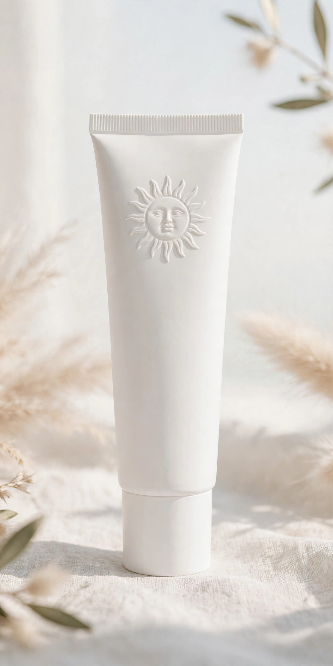 White tube of SPF day moisturizer with subtle sun motif