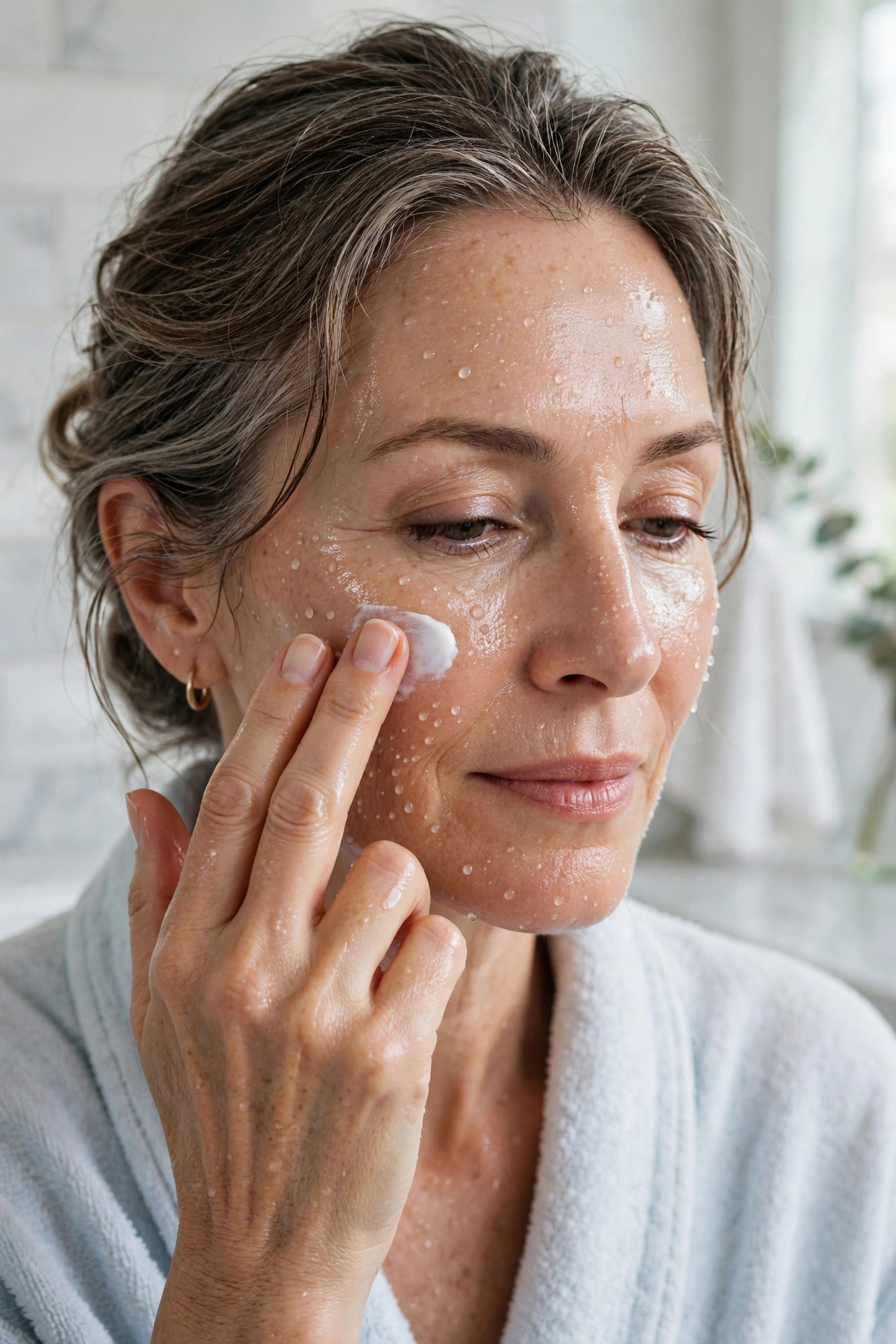 Woman in her 50s pressing moisturizer onto damp dewy skin