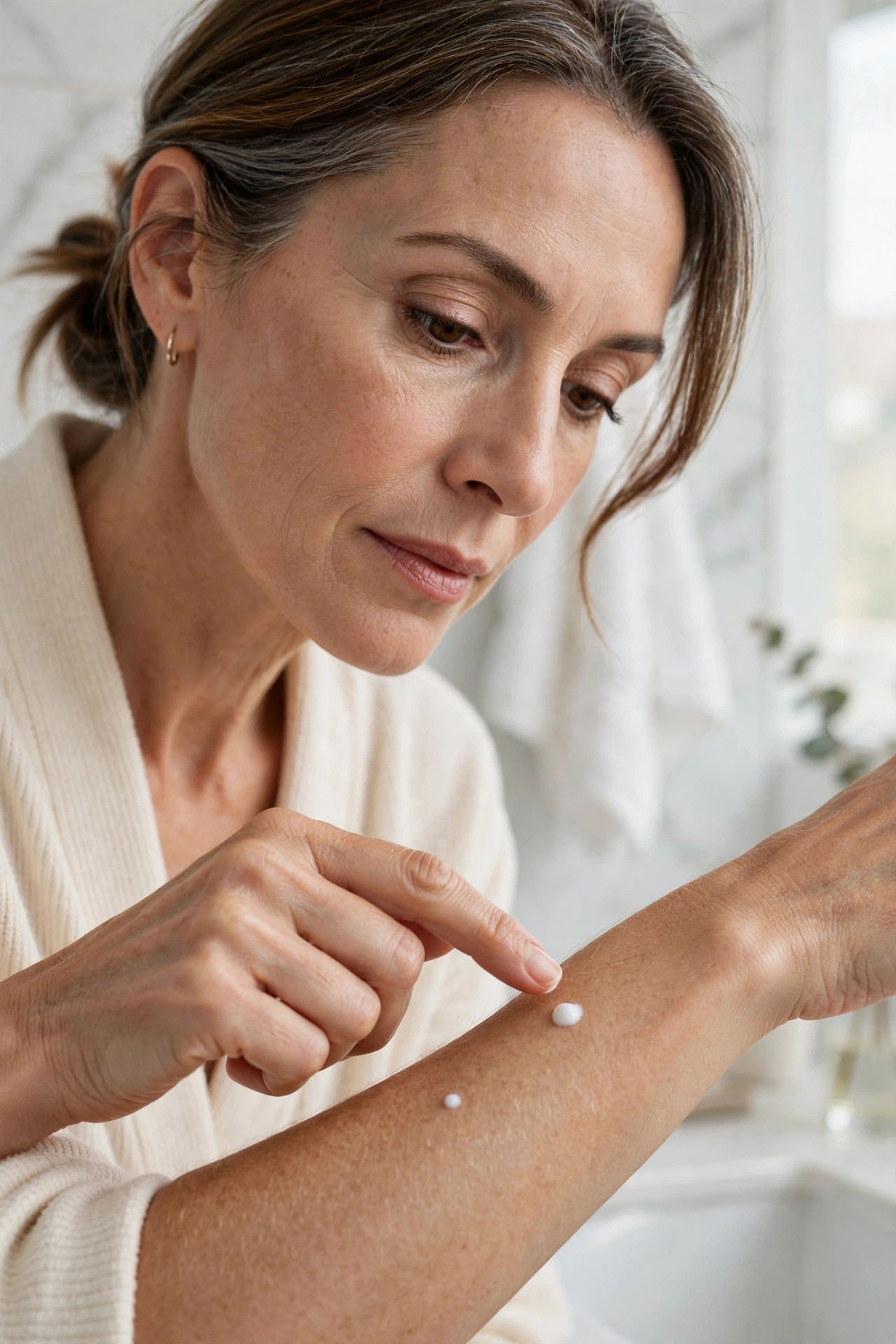 Woman in her 50s dabbing moisturizer on her inner forearm for a patch test