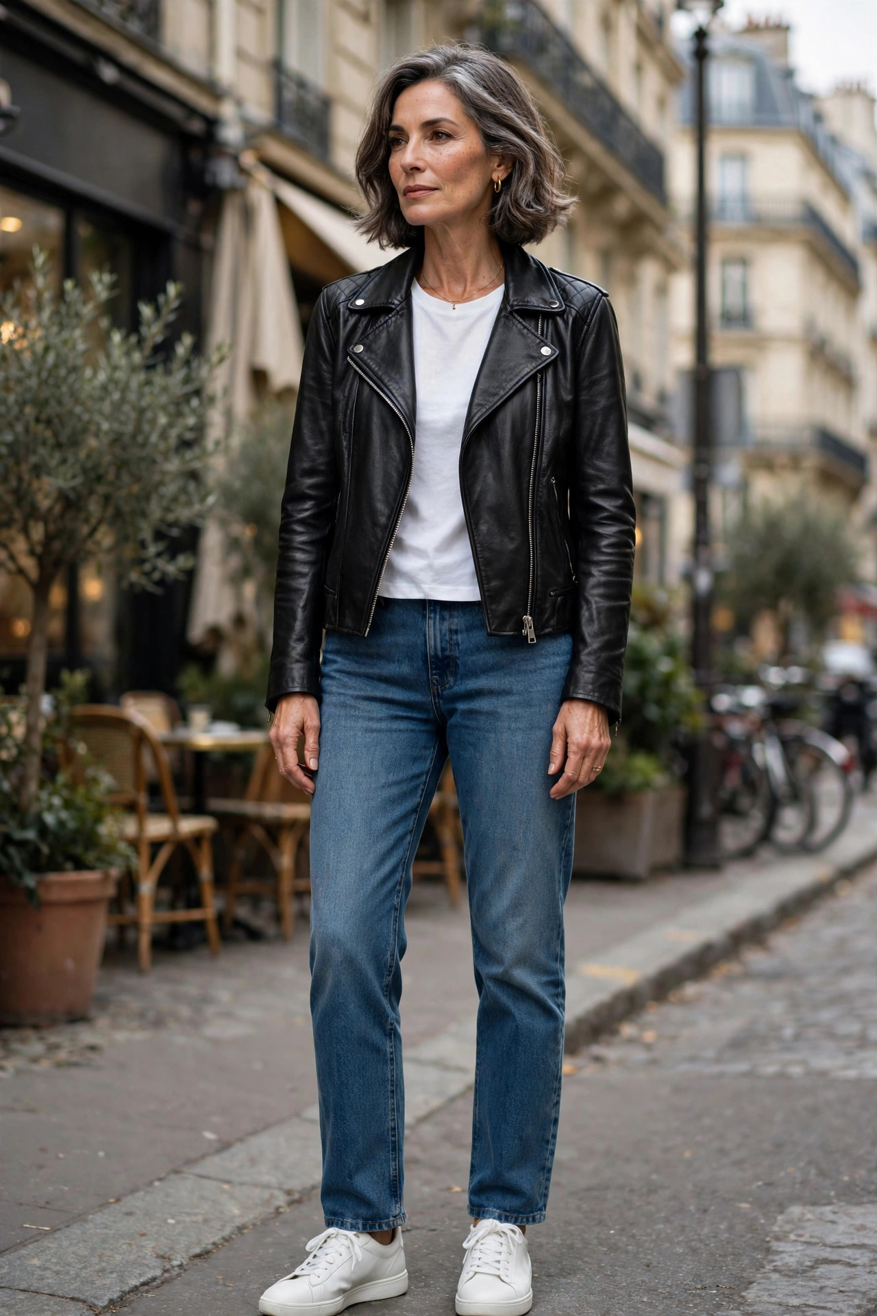 Woman over 50 in black biker jacket with white tee and jeans