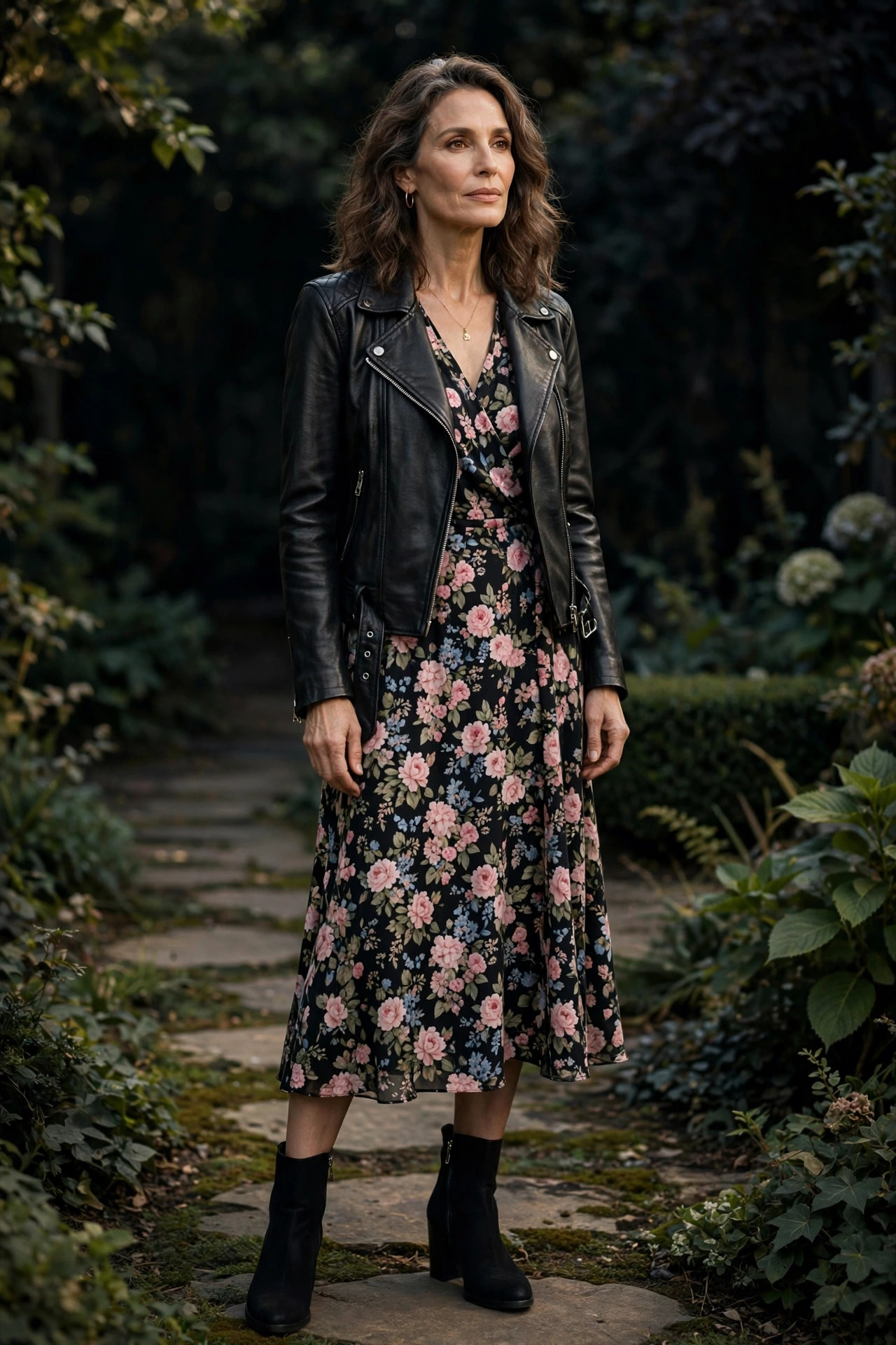 Woman over 50 in biker jacket over a floral midi dress