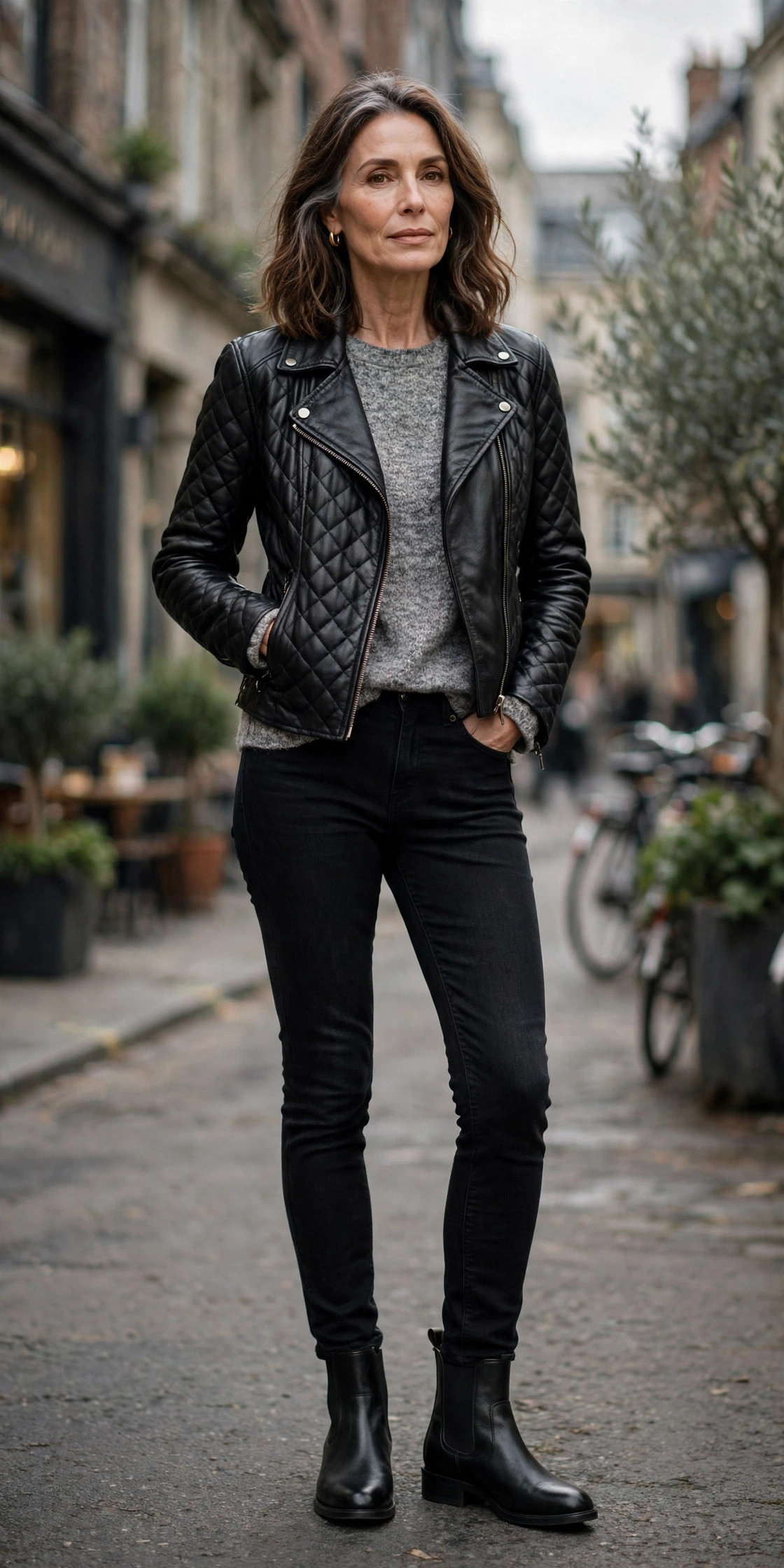 Woman over 50 in quilted biker jacket with black jeans