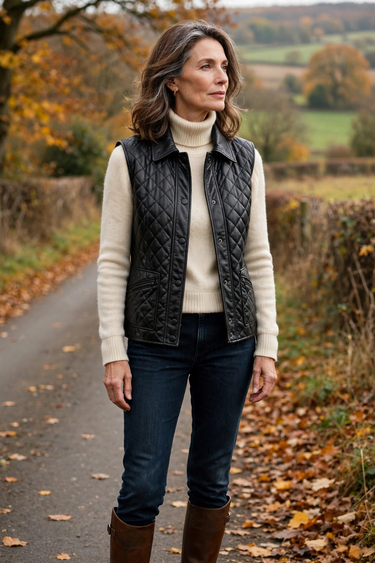 Woman over 50 in quilted biker vest with cream turtleneck