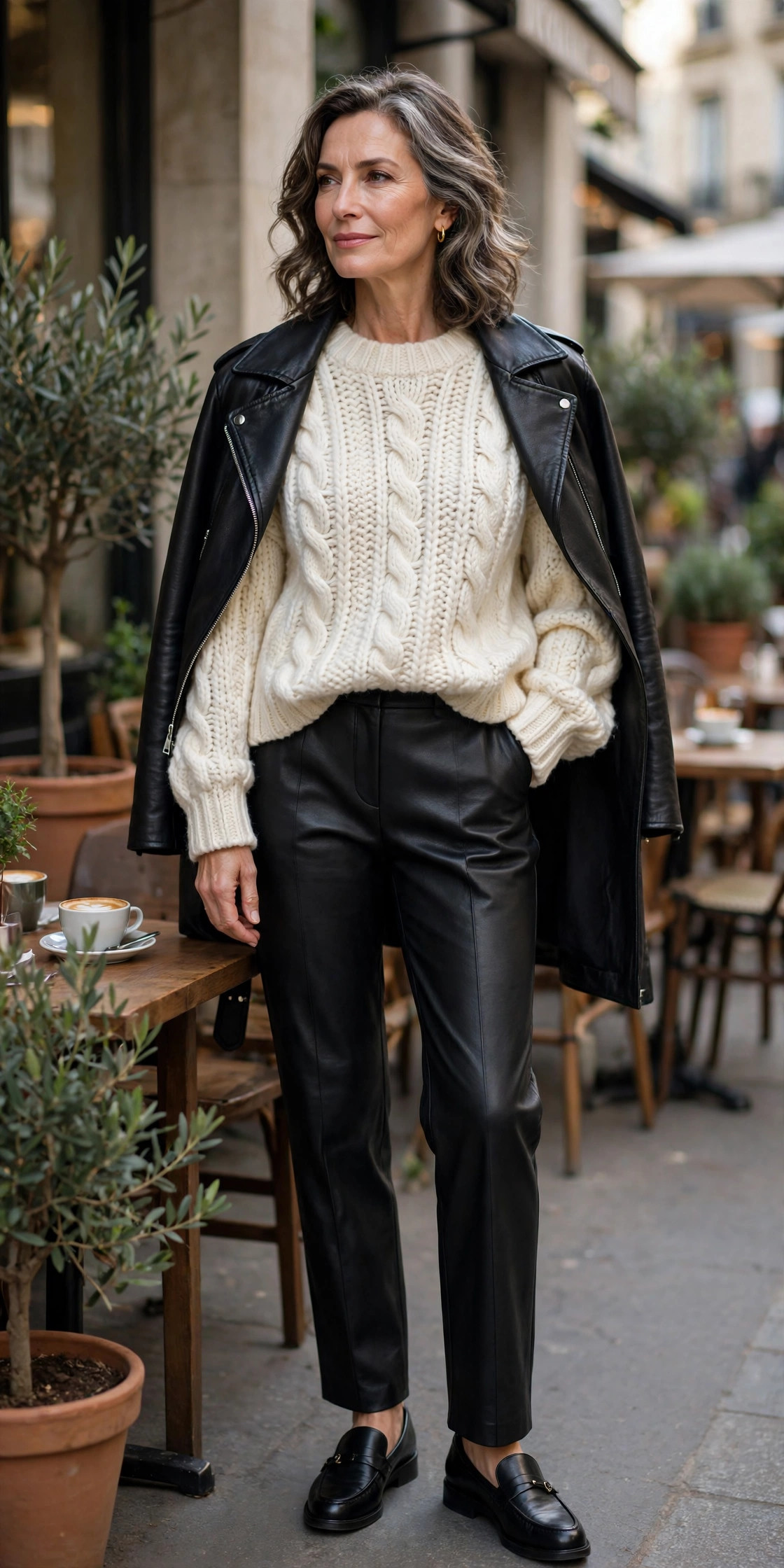 Woman over 50 in leather trousers with ivory knit sweater