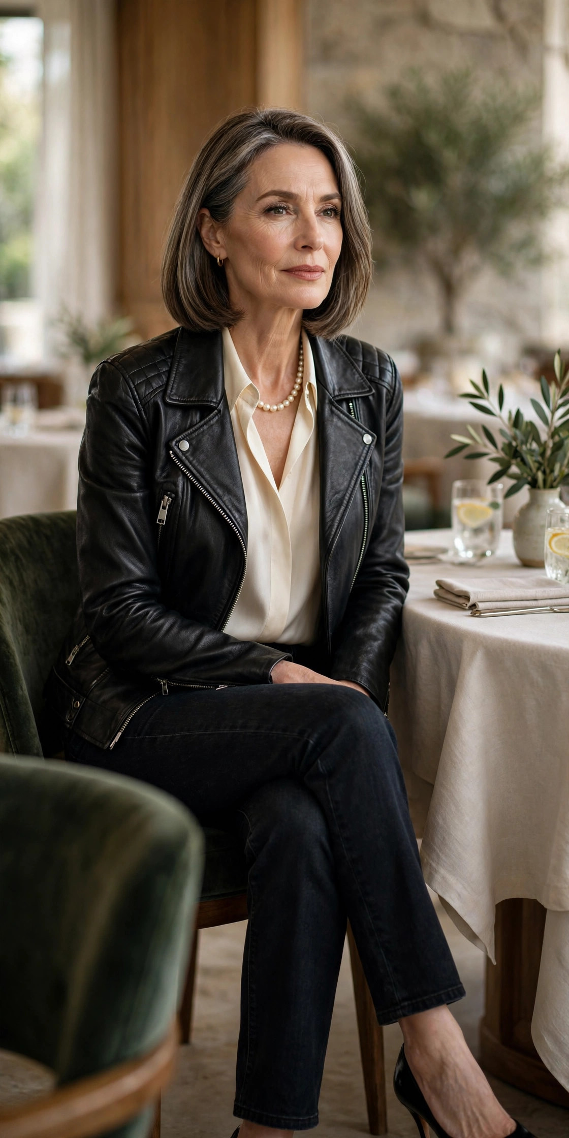 Woman over 50 in biker jacket with pearl necklace and silk blouse